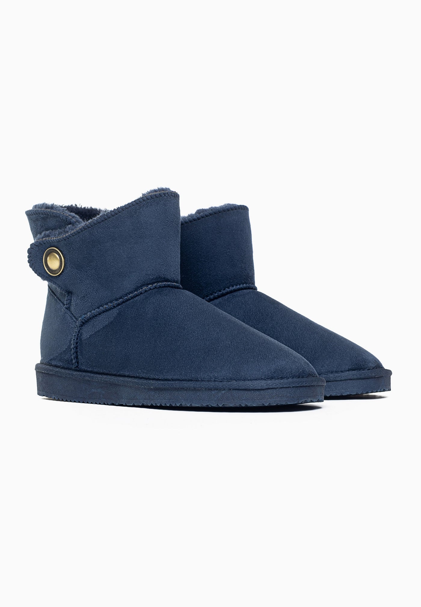 Paire de bottines fourrées Cayuga marine de trois-quarts, rabat à bouton doré