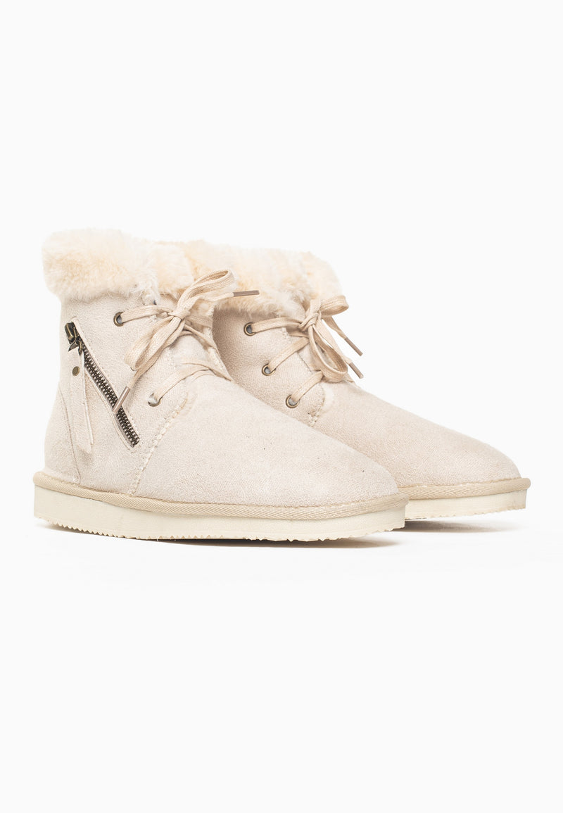 Paire de bottines fourrées Celia naturel de trois-quarts, revers replié au bord