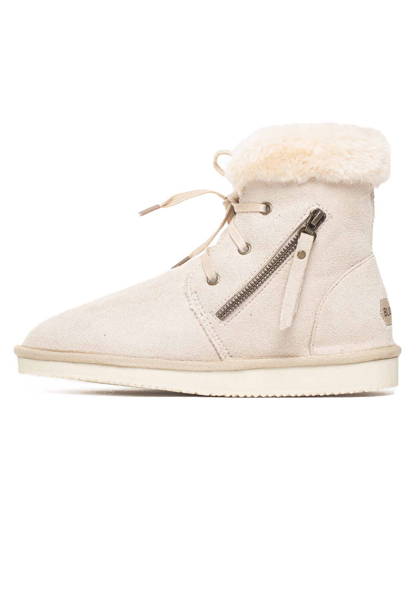 Bottine fourrée Celia naturel de profil, zip oblique argenté et lacet écru