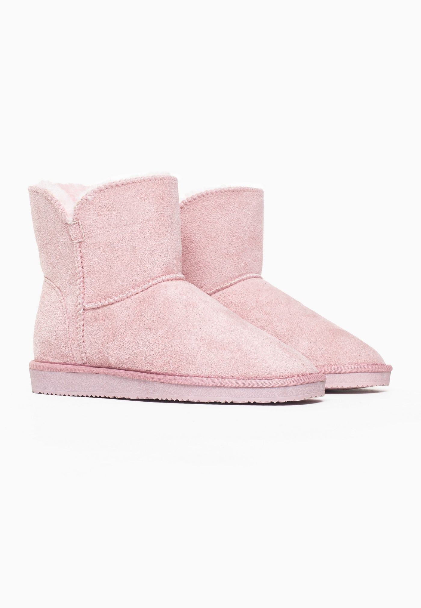 Paire de bottines fourrées Bellevue roses de trois-quarts, échancrure en V au col