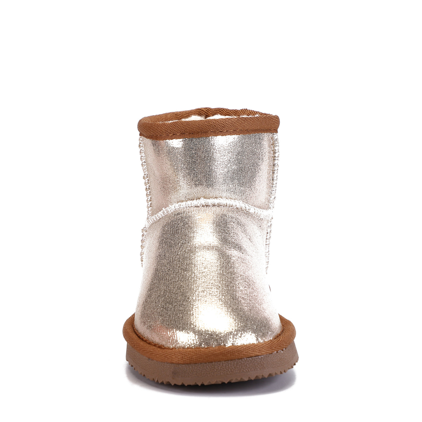Botte fourrée enfant Agnes beige vue de face, doublure crème visible au bord de la tige