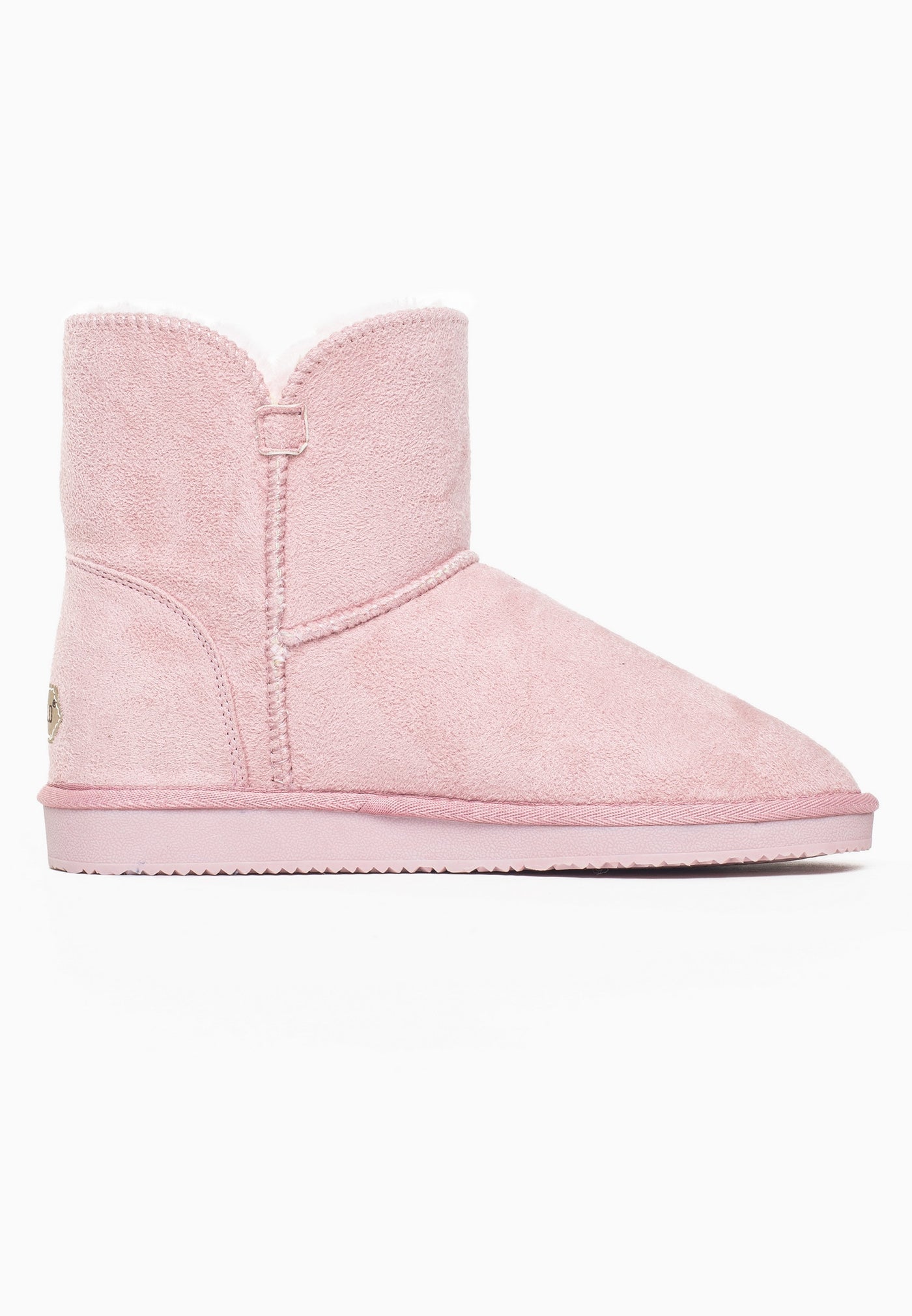 Bottine fourrée Bellevue rose de profil côté opposé, doublure claire au bord