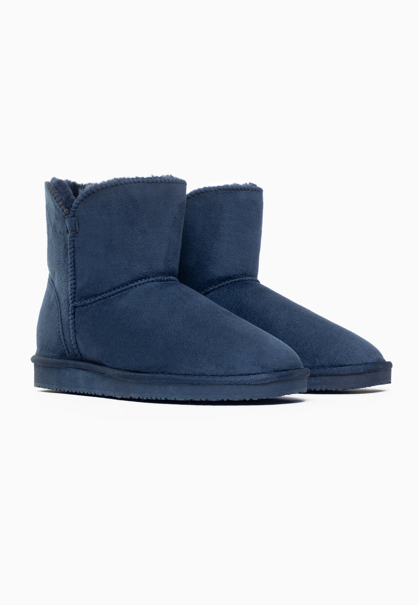Paire de bottines fourrées Bellevue marine de trois-quarts, tiges courtes côte à côte