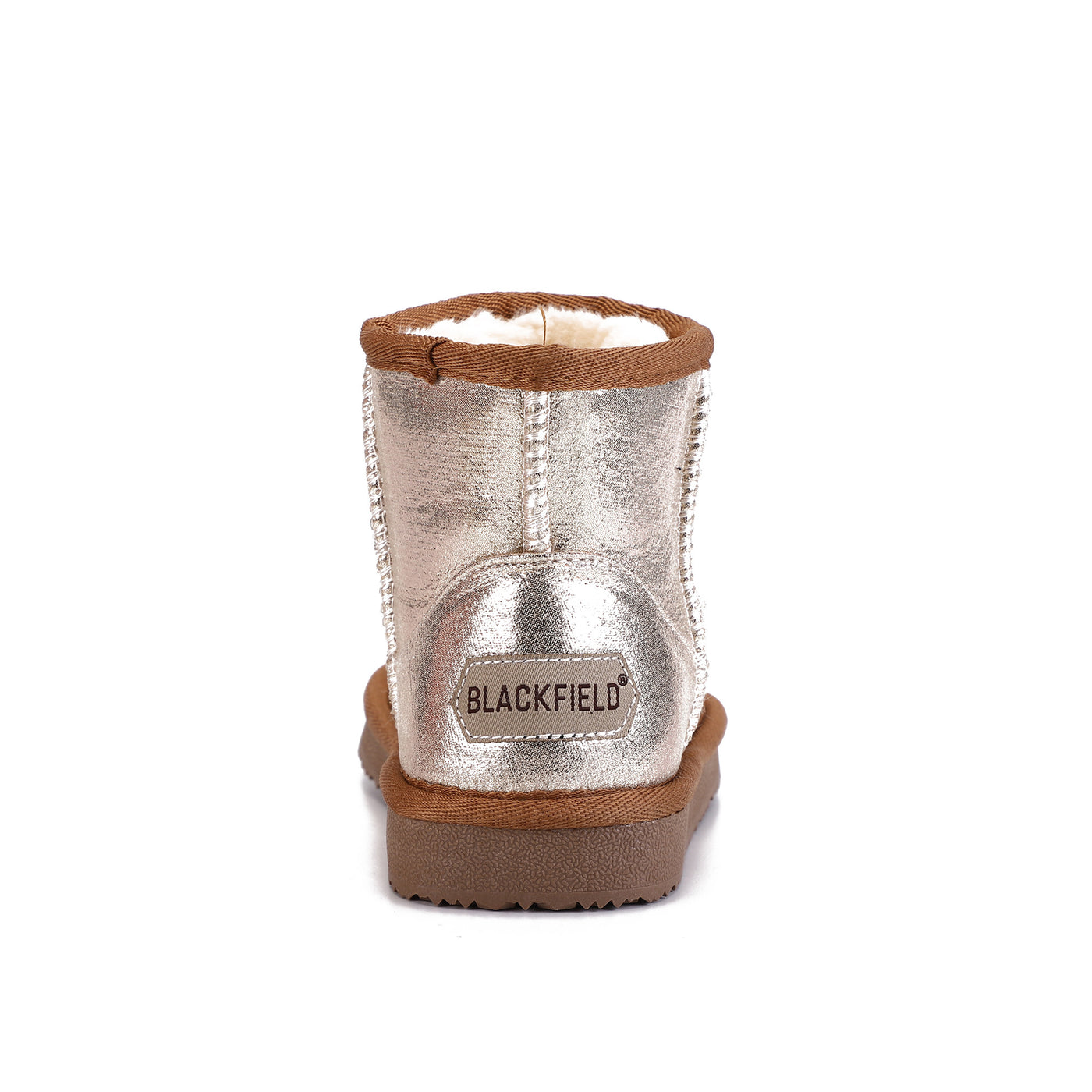 Botte fourrée enfant Agnes beige vue de dos, étiquette Blackfield sur le talon camel
