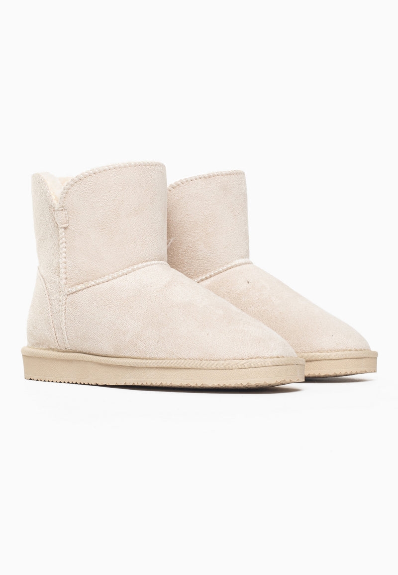 Paire de bottines fourrées Bellevue naturel vue de trois-quarts, semelles écrues