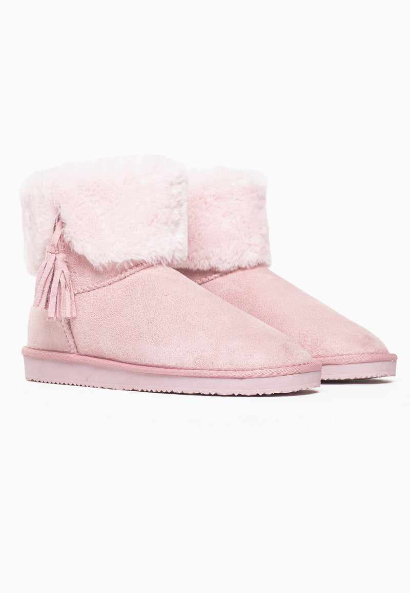 Paire de bottines fourrées Clary roses de trois-quarts, larges revers rose pâle