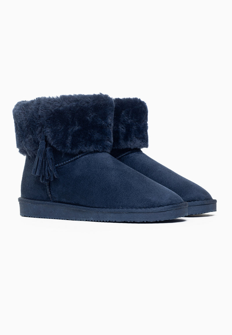 Paire de bottines fourrées Clary marine de trois-quarts, larges cols rabattus