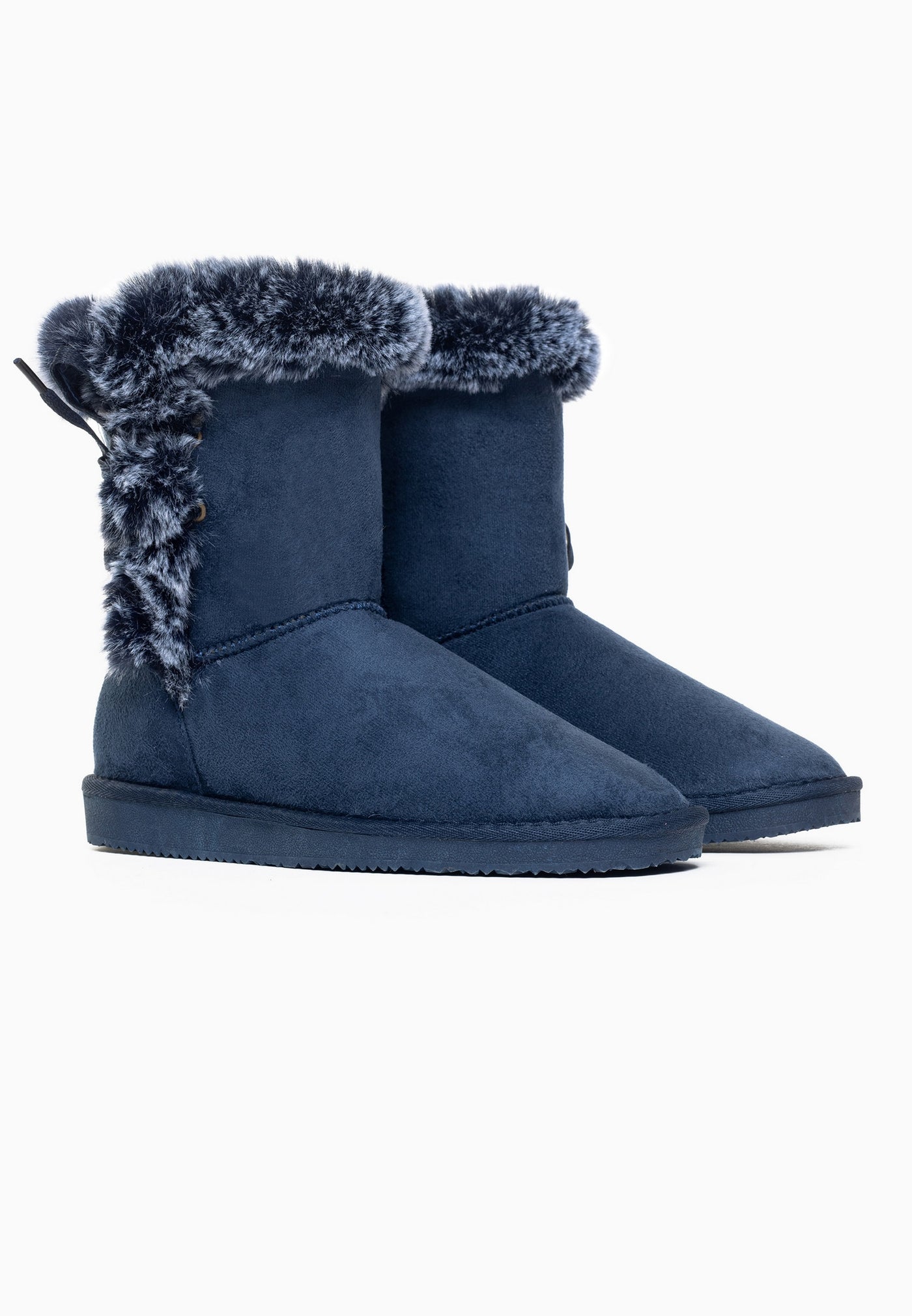 Paire de bottines fourrées Coma marine de profil, cols de fausse fourrure bleu et gris repliés