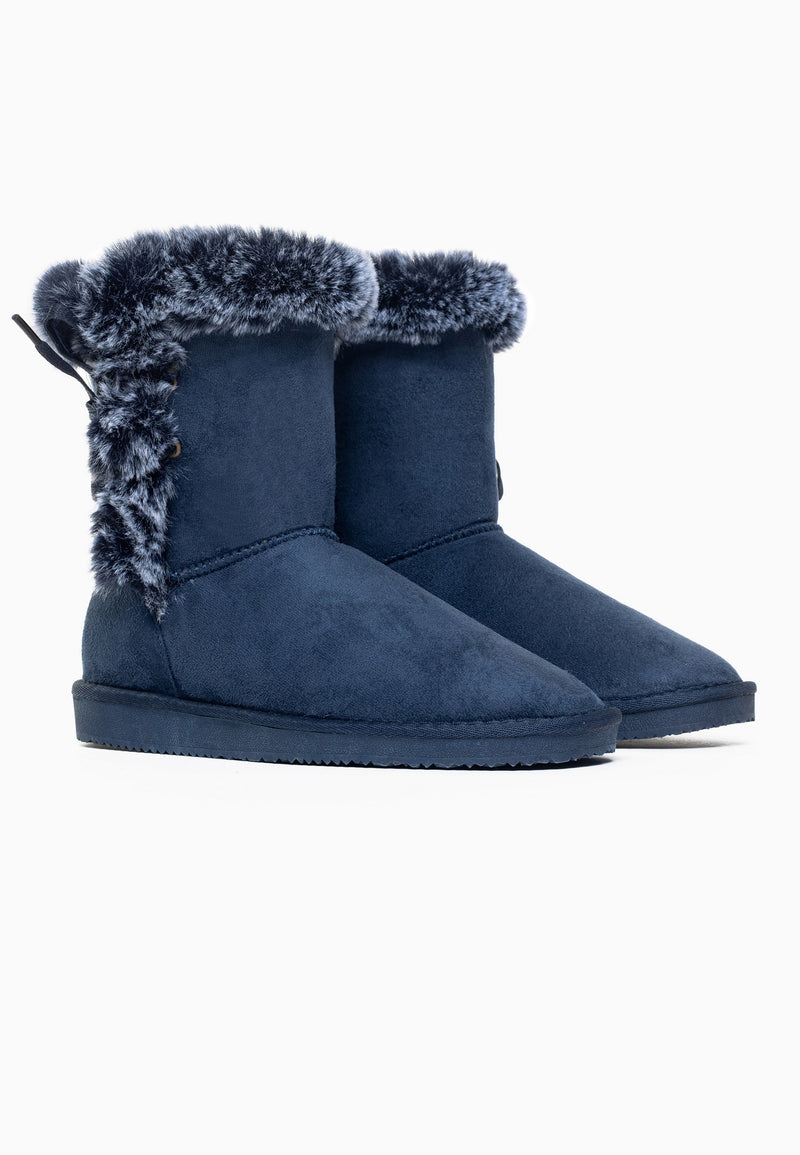 Paire de bottines fourrées Coma marine de profil, cols de fausse fourrure bleu et gris repliés
