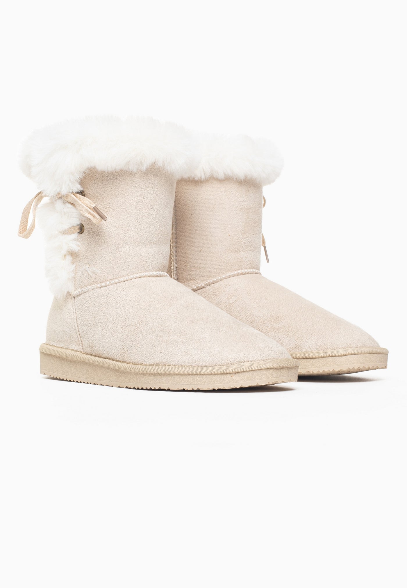 Paire de bottines fourrées Coma naturel de profil, cols de fausse fourrure blanche repliés