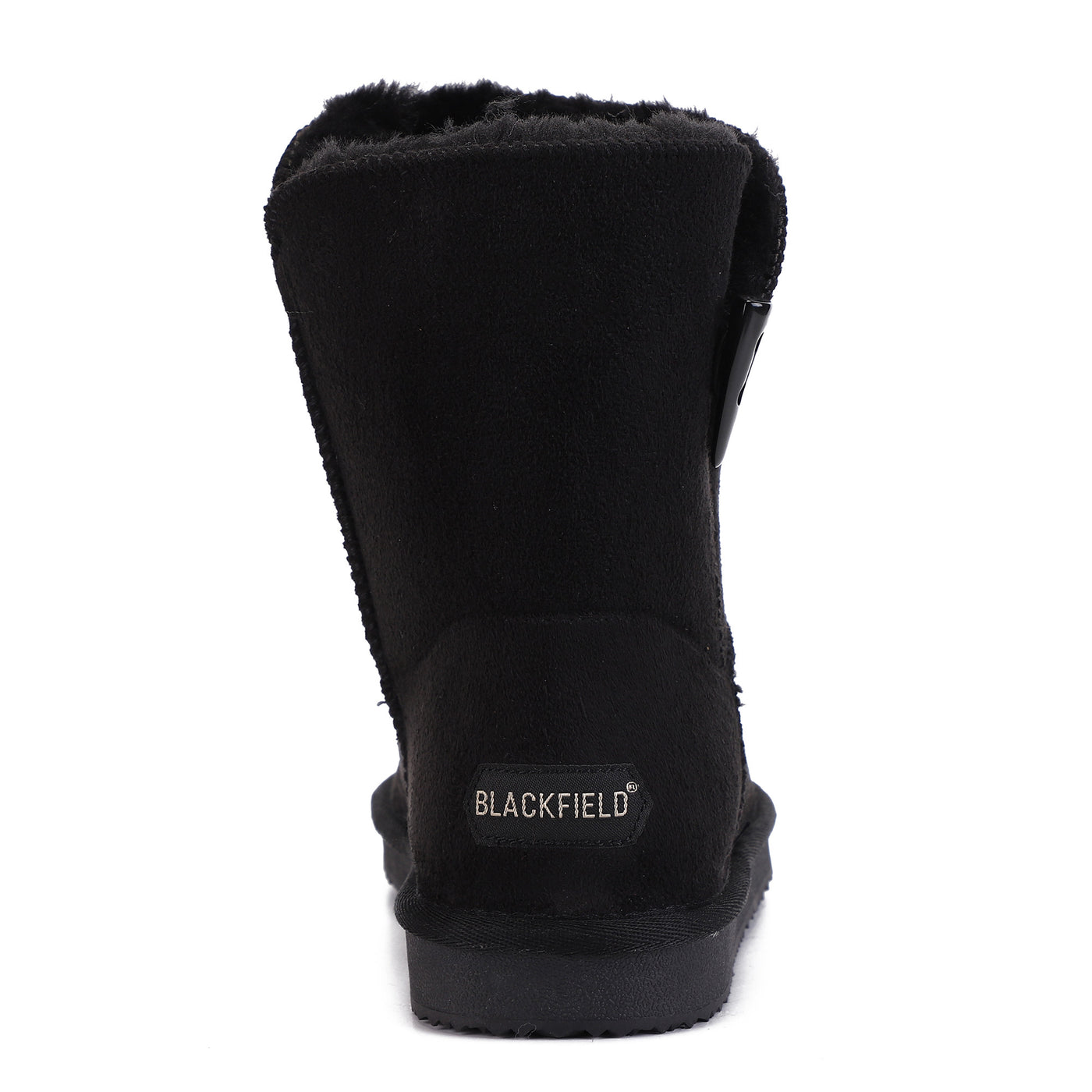 Bottine fourrée Anais noire vue de dos, signature Blackfield dorée à l'arrière du talon