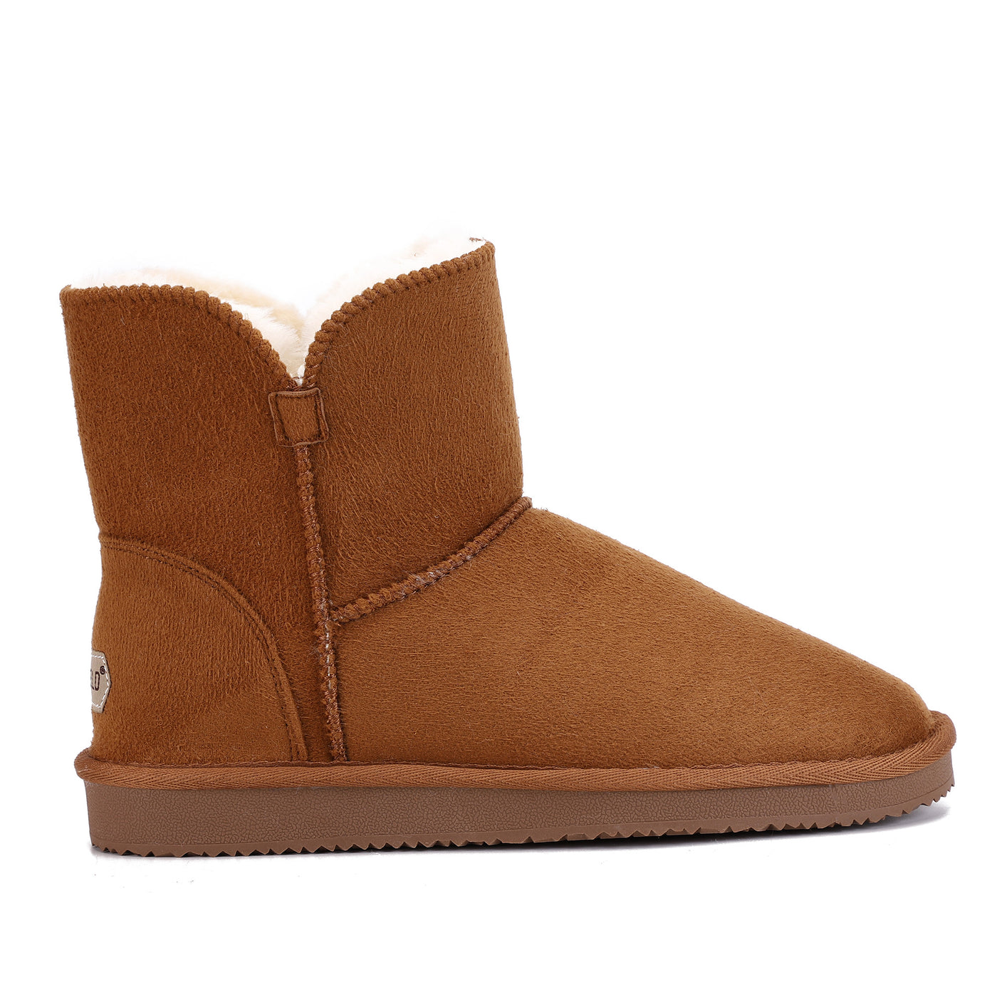 Bottine fourrée Bellevue camel de profil, patte verticale cousue sur le côté