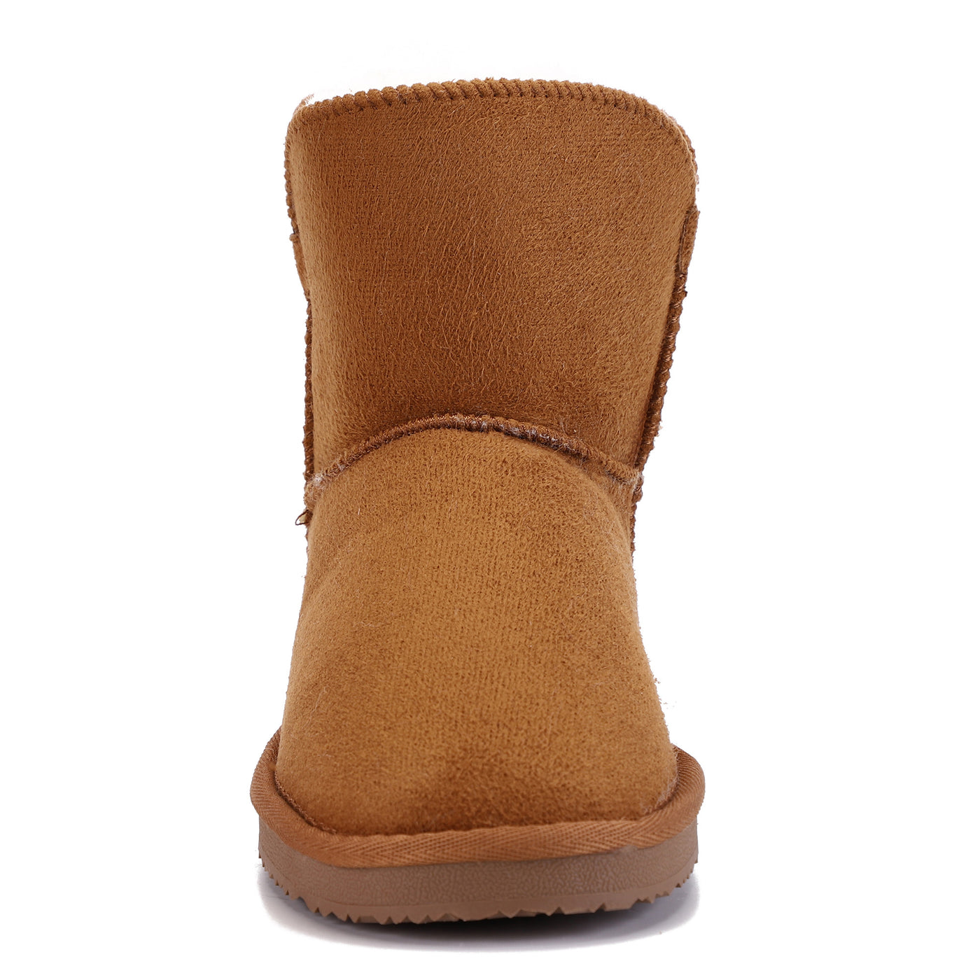 Bottine fourrée Bellevue camel de face, échancrure en V centrée sur le cou-de-pied