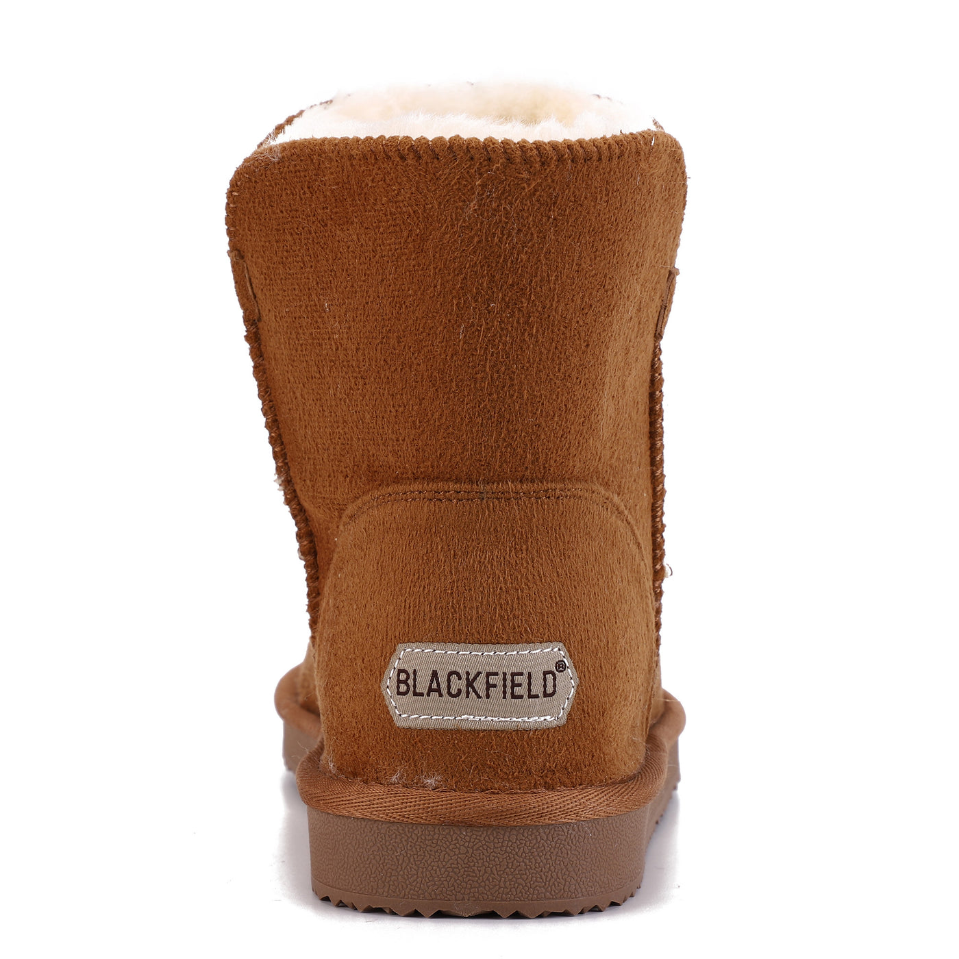 Bottine fourrée Bellevue camel de dos, étiquette Blackfield cousue au talon
