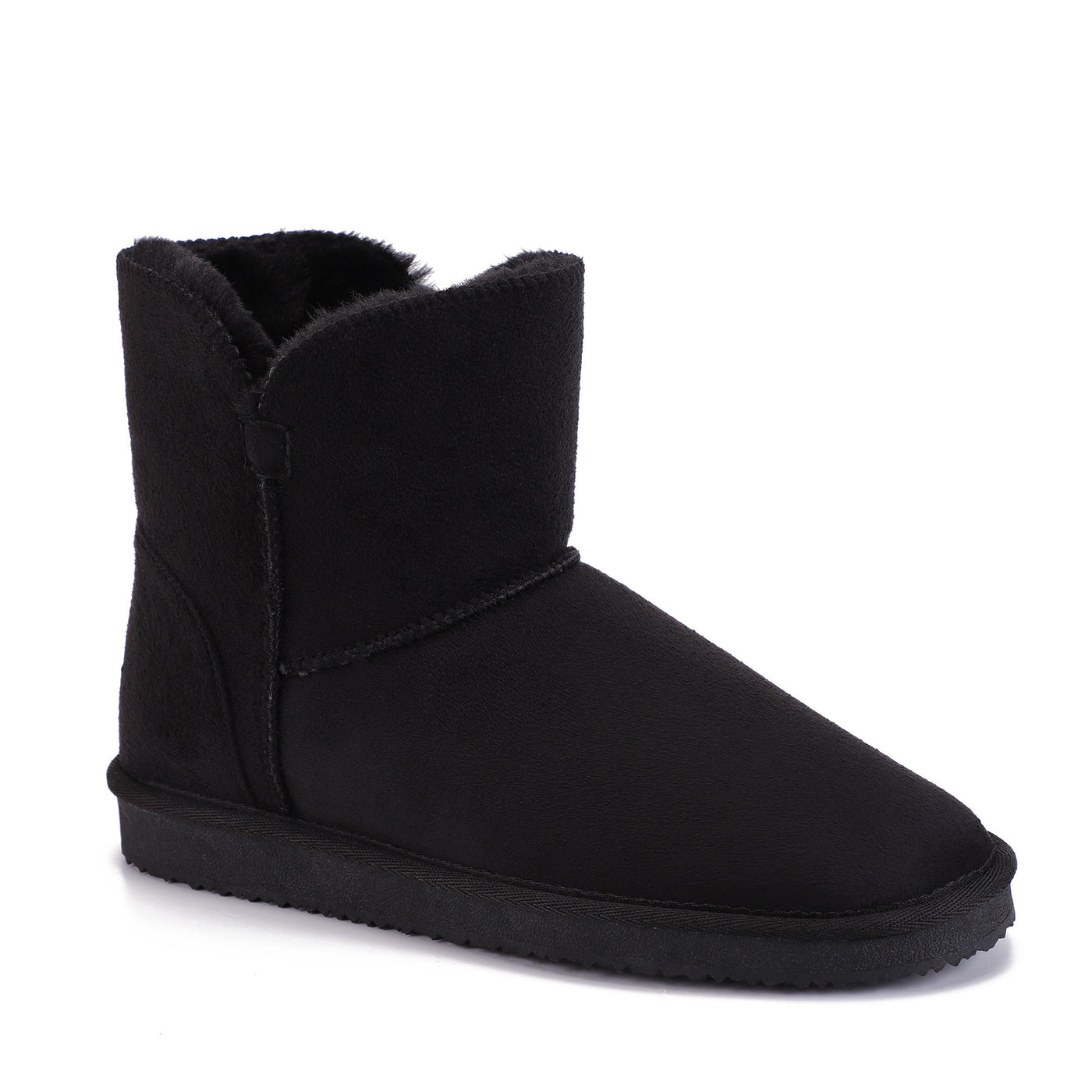 Bottine fourrée Bellevue noire de profil, tige courte et patte cousue sur la couture