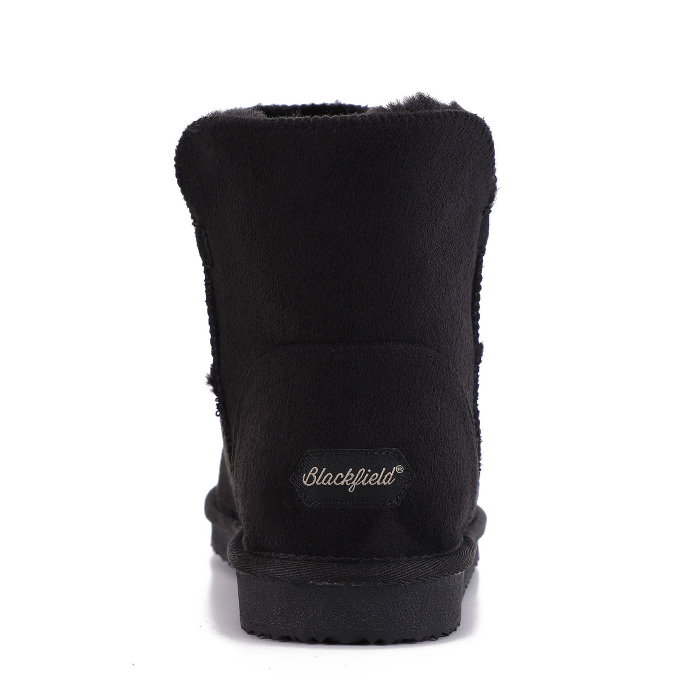 Bottine fourrée Bellevue noire vue de dos, étiquette Blackfield claire au talon