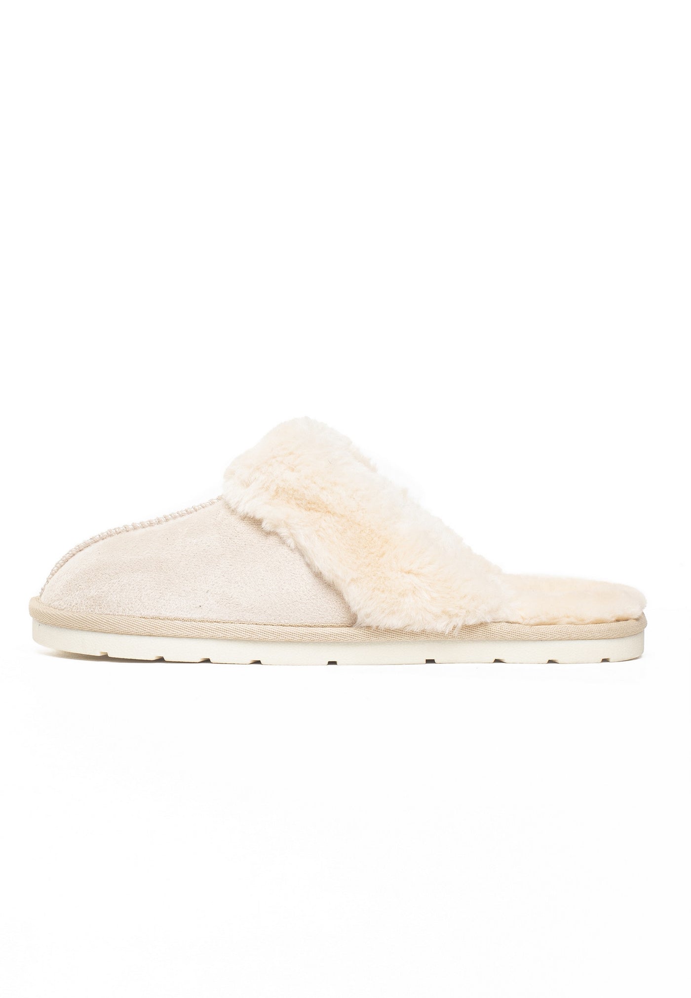 Chausson fourré Sleepers Emilija naturel de profil, col de fausse fourrure crème long