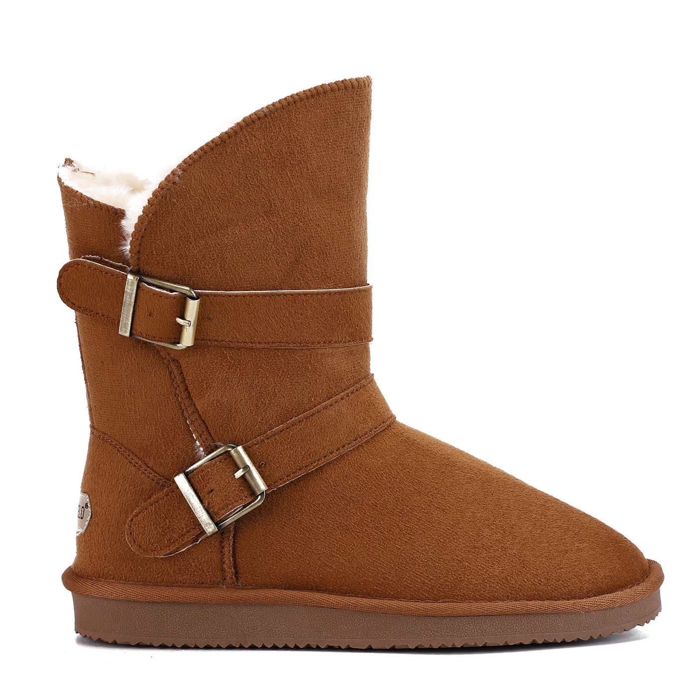 Bottine fourrée Camphor camel de profil, col ouvert sur la doublure crème