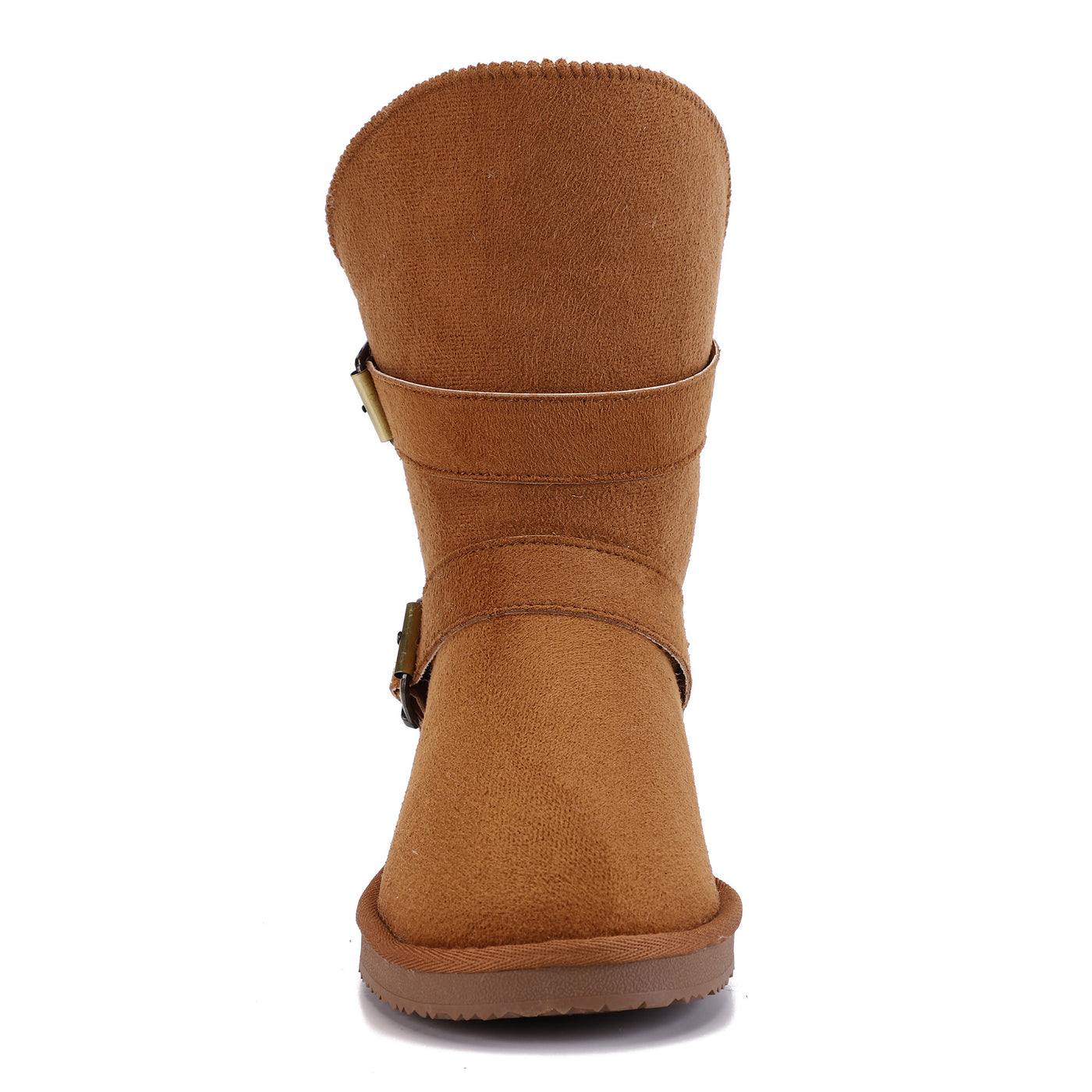 Bottine fourrée Camphor camel de face, tige large et brides croisées au-dessus du pied