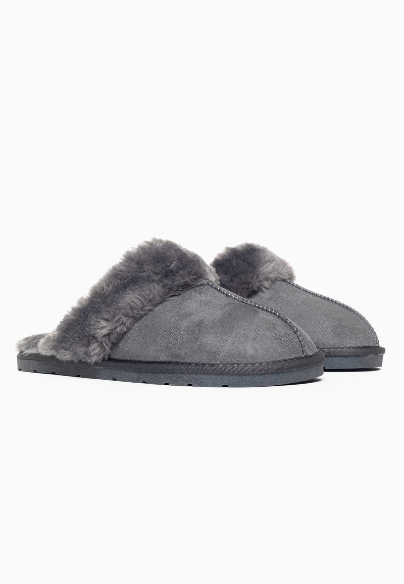 Deux chaussons fourrés Emanuel anthracite de profil, cols de poil gris épais