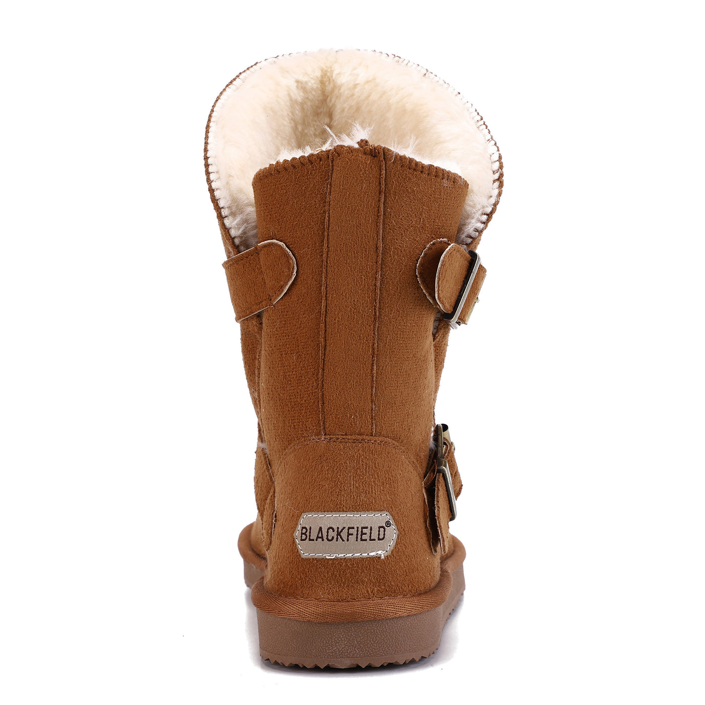 Bottine fourrée Camphor camel de dos, plaque métal Blackfield posée au talon