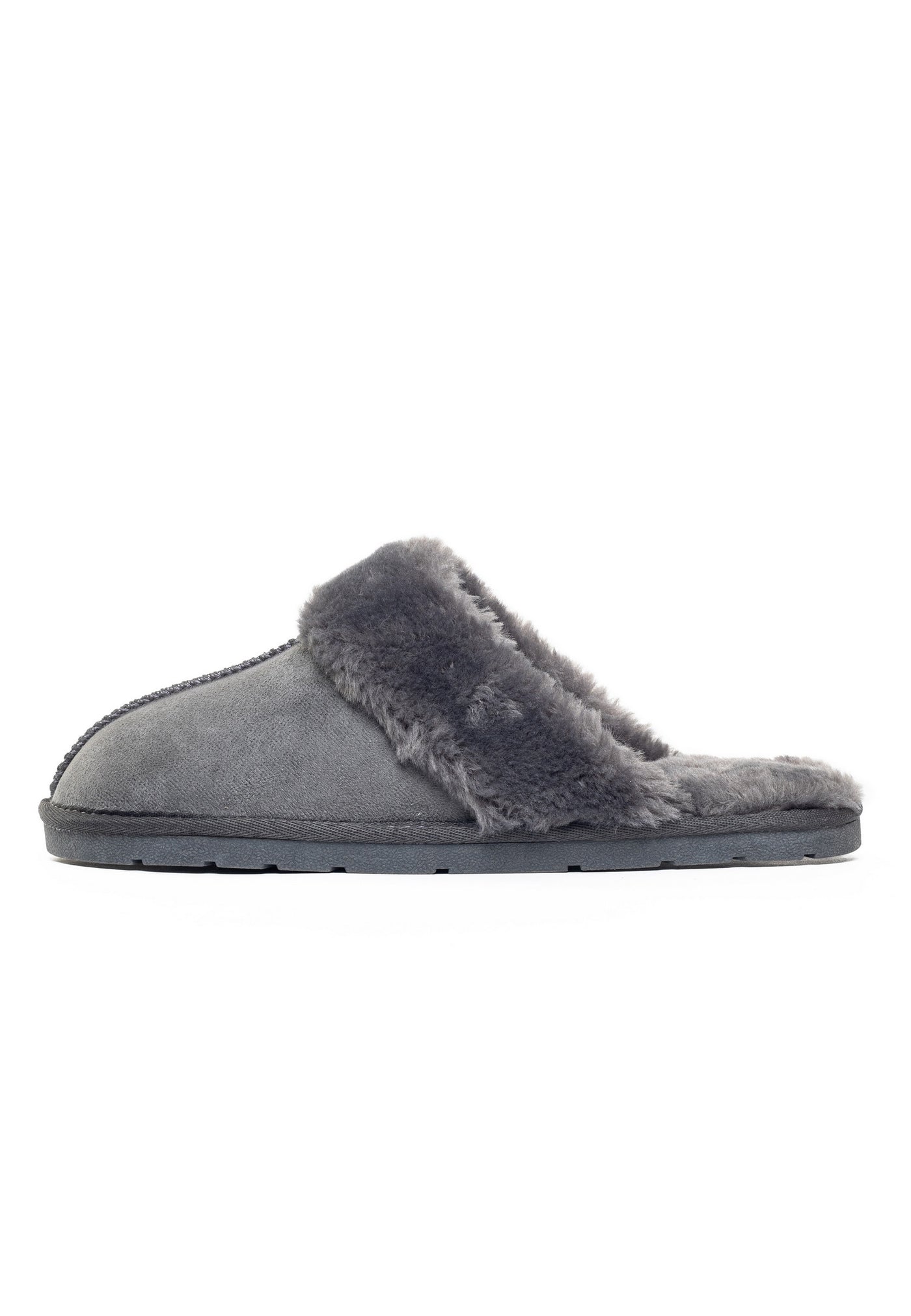 Chausson fourré Emanuel anthracite de profil, talon ouvert et semelle grise