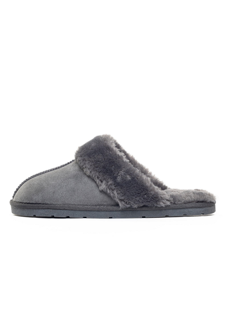 Chausson fourré Emanuel anthracite de profil, talon ouvert et semelle grise