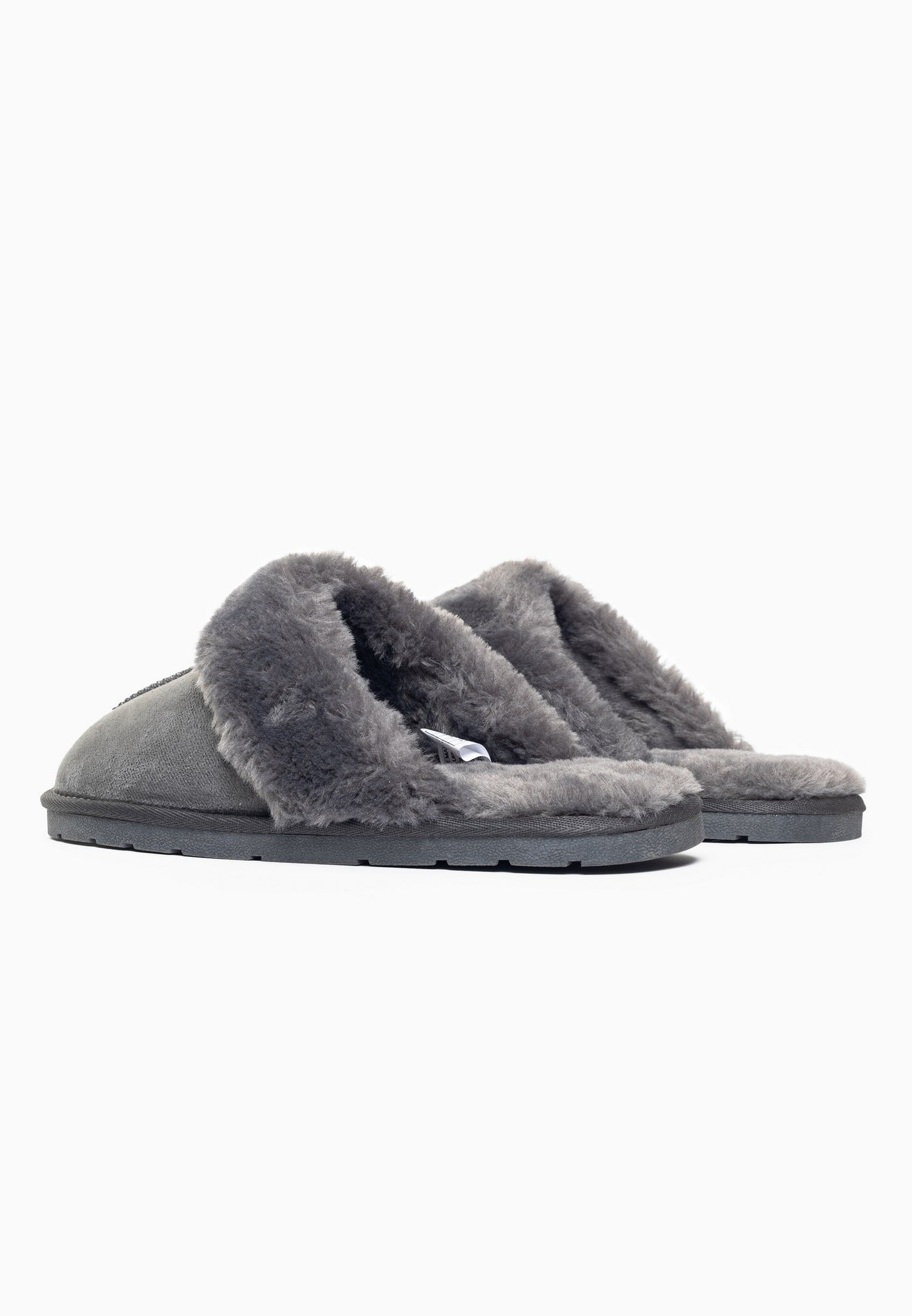 Chaussons fourrés Emanuel anthracite de trois-quarts, intérieur garni de poil gris