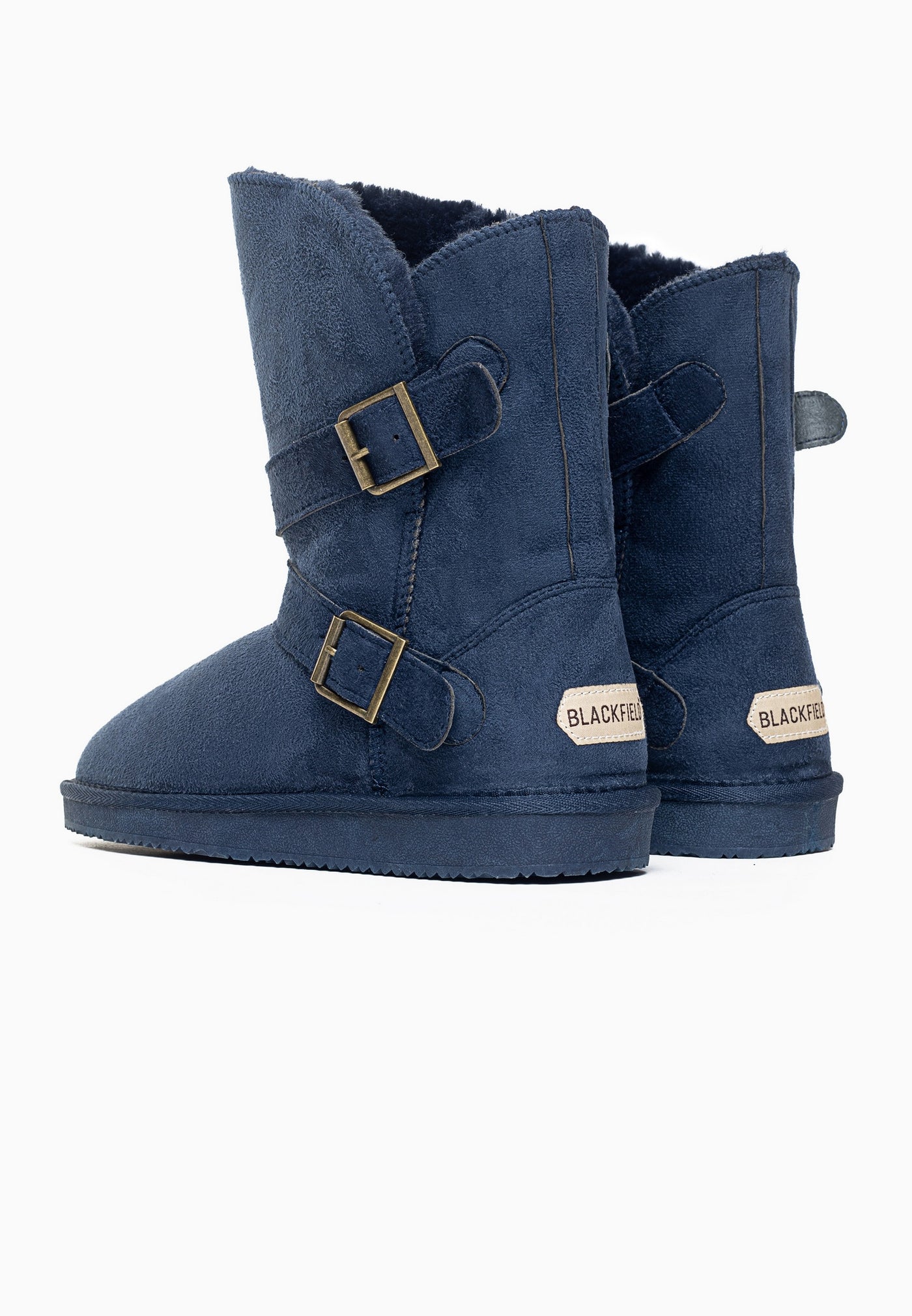 Paire de bottines fourrées Camphor marine de dos, étiquettes beiges aux talons