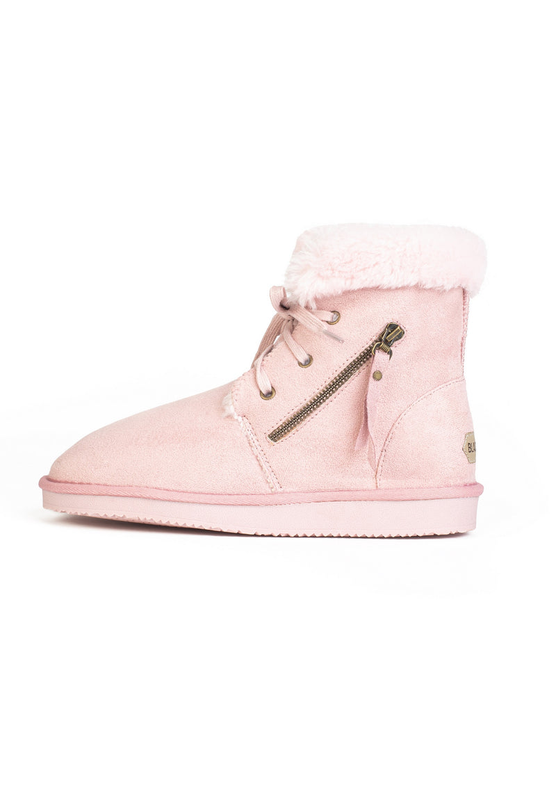 Bottine fourrée Celia rose de profil, glissière latérale et œillets métalliques