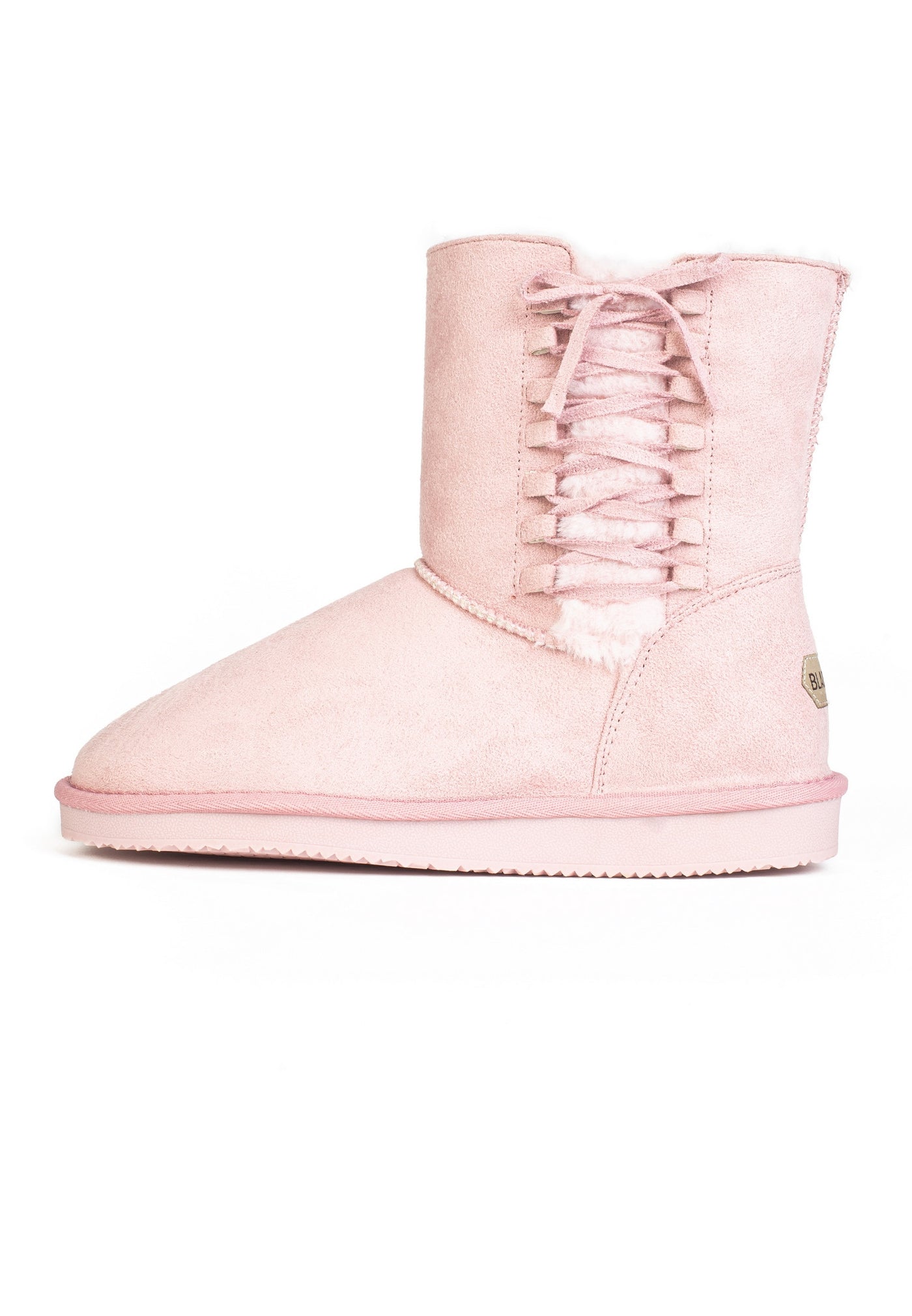 Bottine fourrée Nueltin rose de profil, laçage arrière et doublure blanche apparente