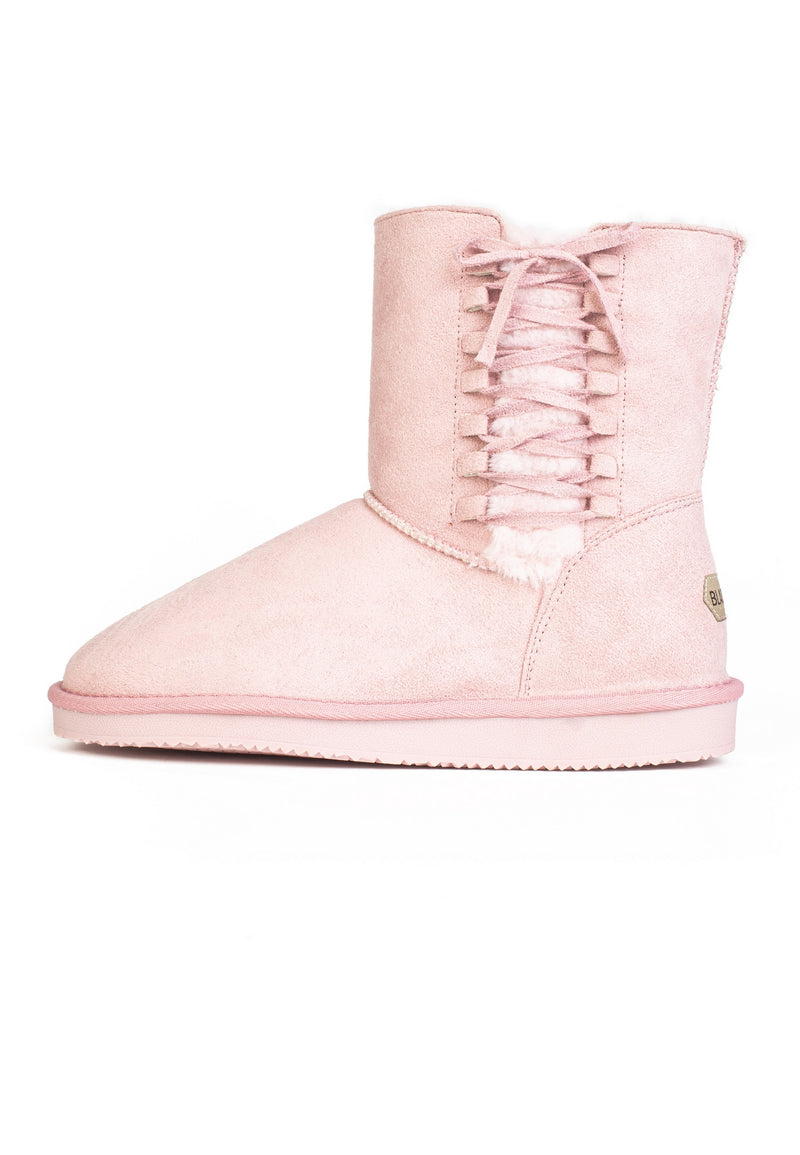 Bottine fourrée Nueltin rose de profil, laçage arrière et doublure blanche apparente