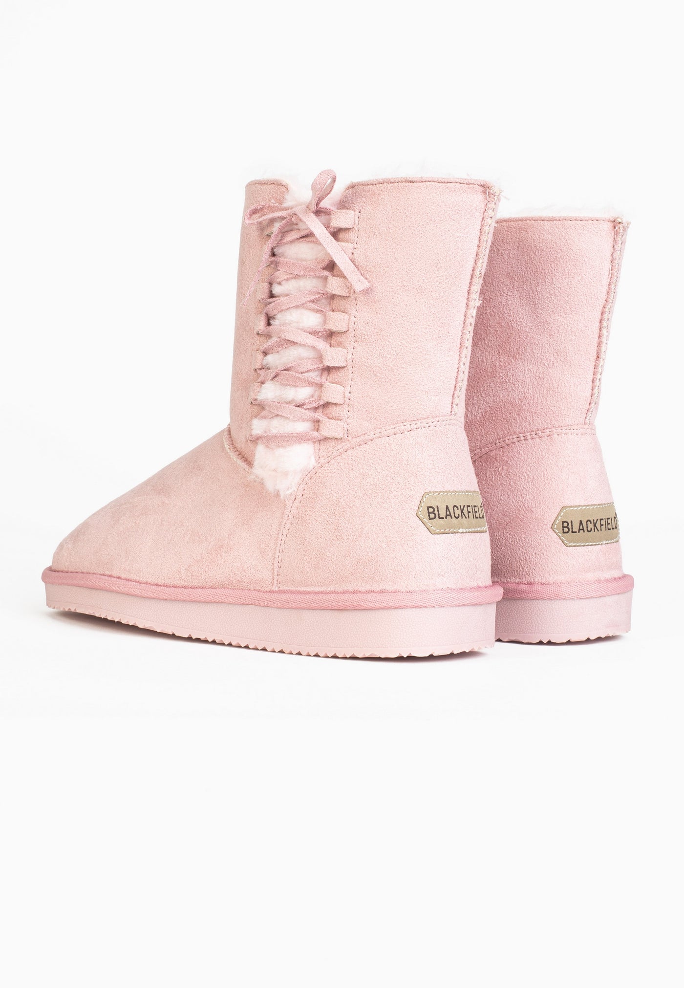 Paire de bottines fourrées Nueltin rose de dos, deux étiquettes Blackfield dorées