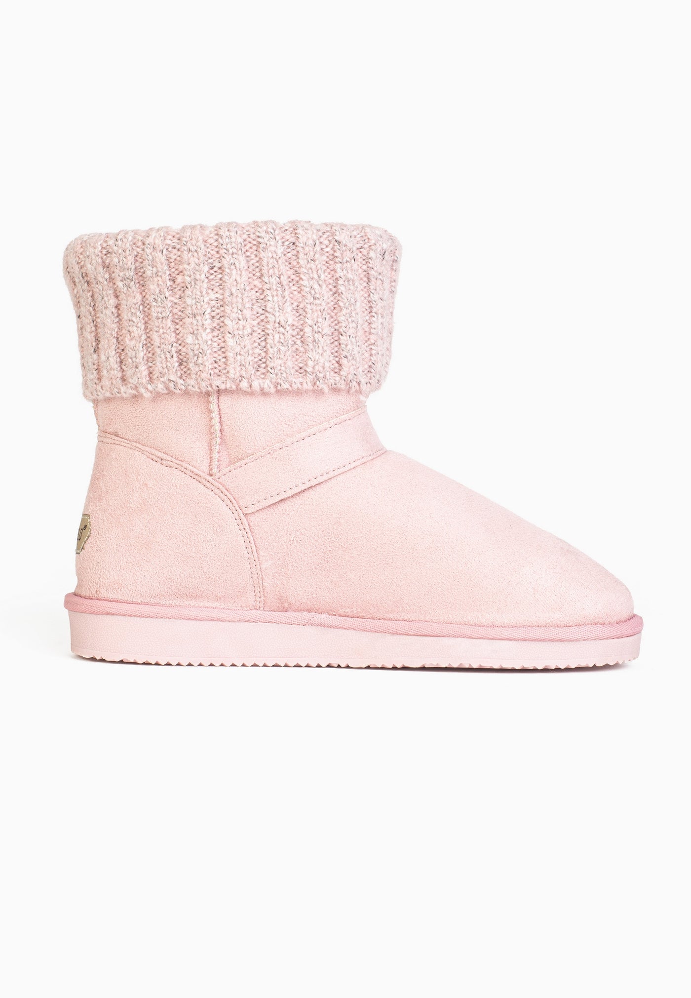 Bottine fourrée Kylie rose vue de profil côté intérieur, couture en V sous le revers tricot