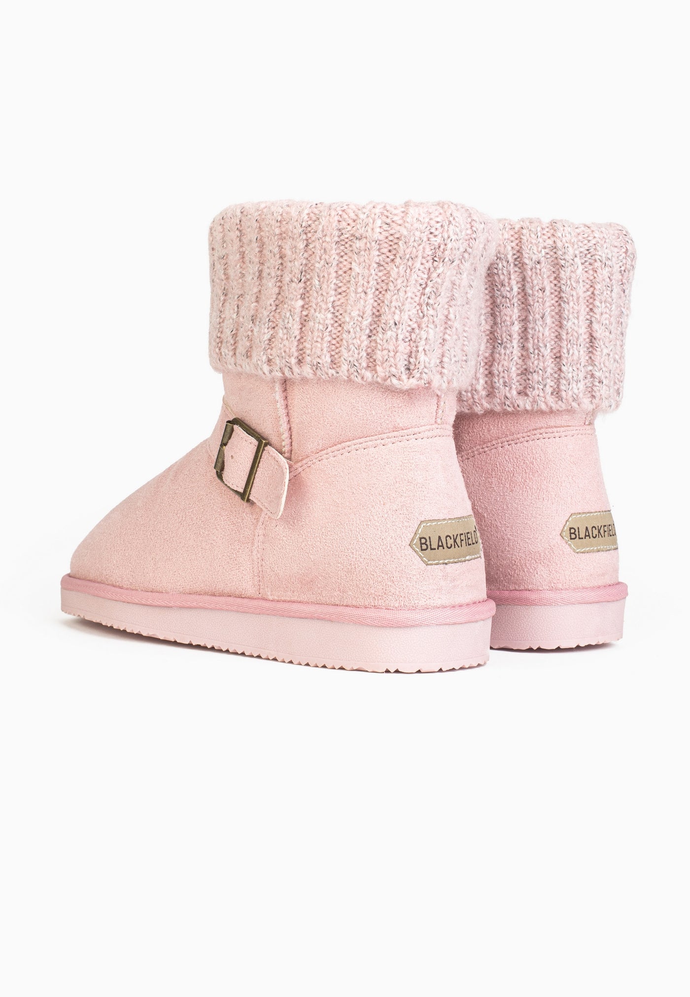 Bottines fourrées Kylie rose de dos, étiquettes Blackfield cousues aux deux talons