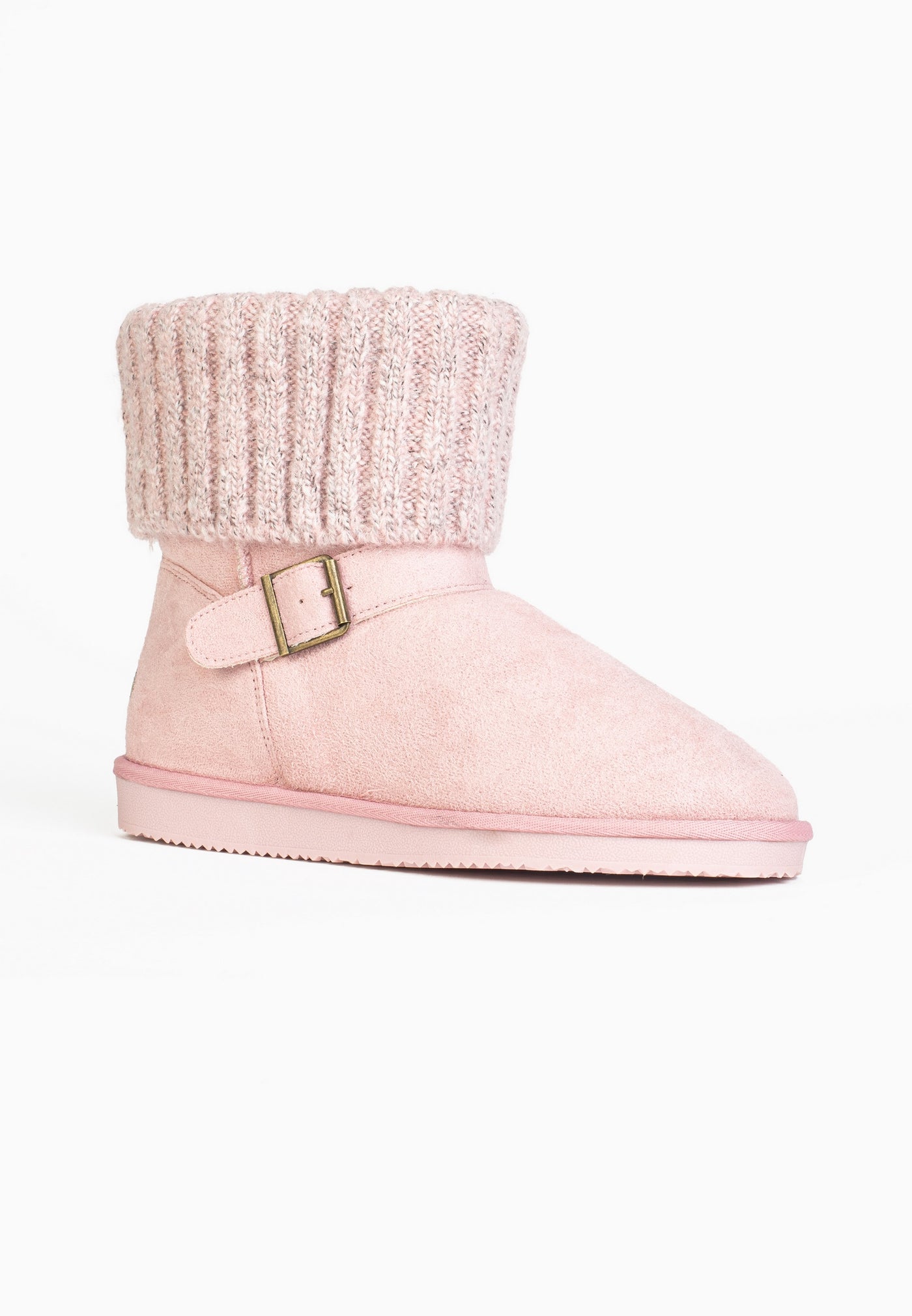 Bottine fourrée Kylie rose de près, semelle rose ton sur ton et boucle dorée sur le côté