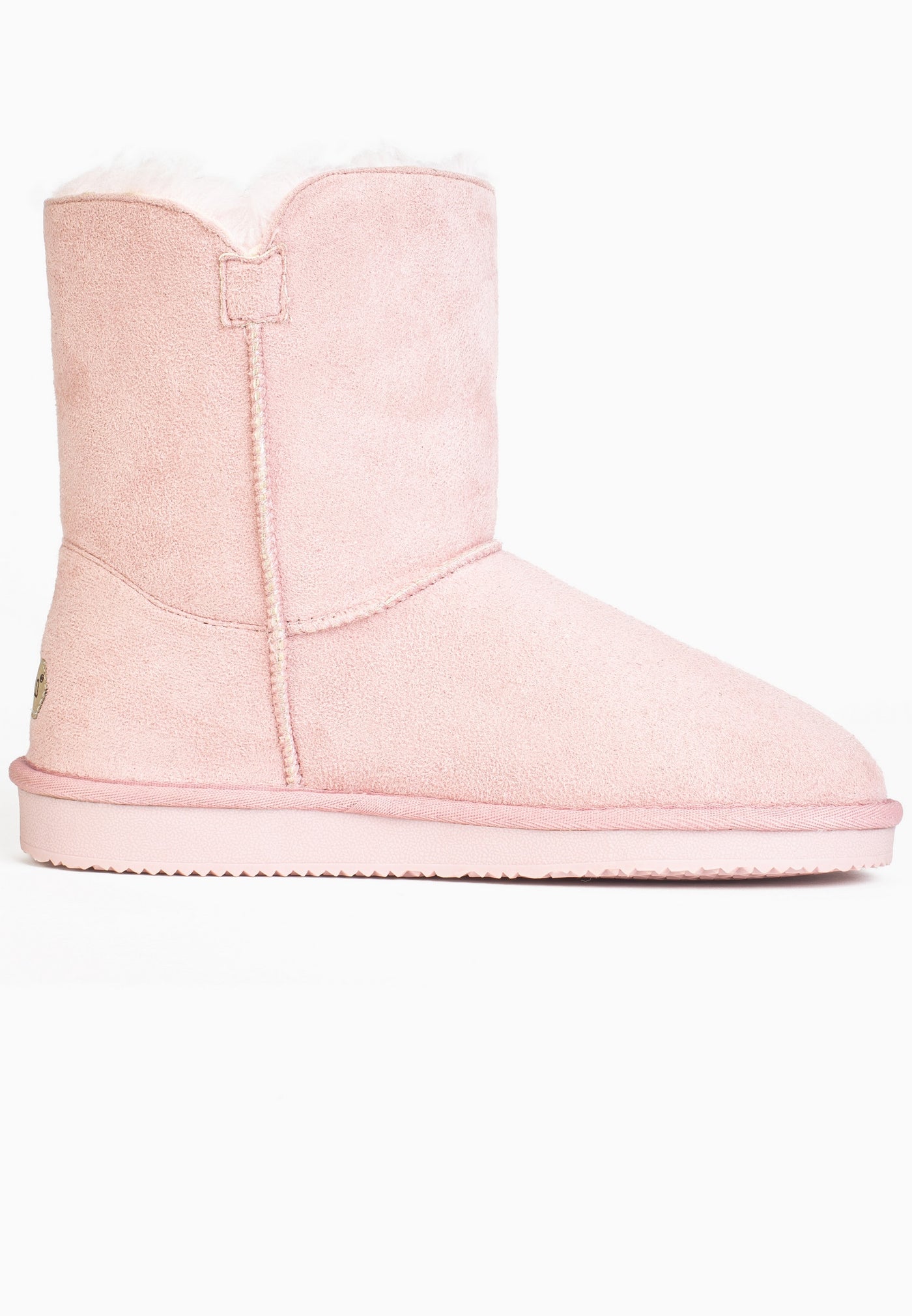 Bottine fourrée Clair rose de profil côté opposé, doublure crème débordant au col