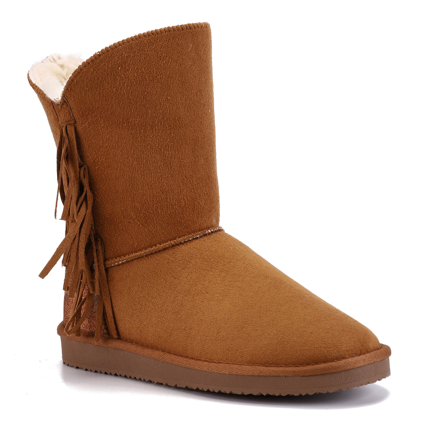 Bottine fourrée Cardero camel de profil, franges alignées le long du quartier camel