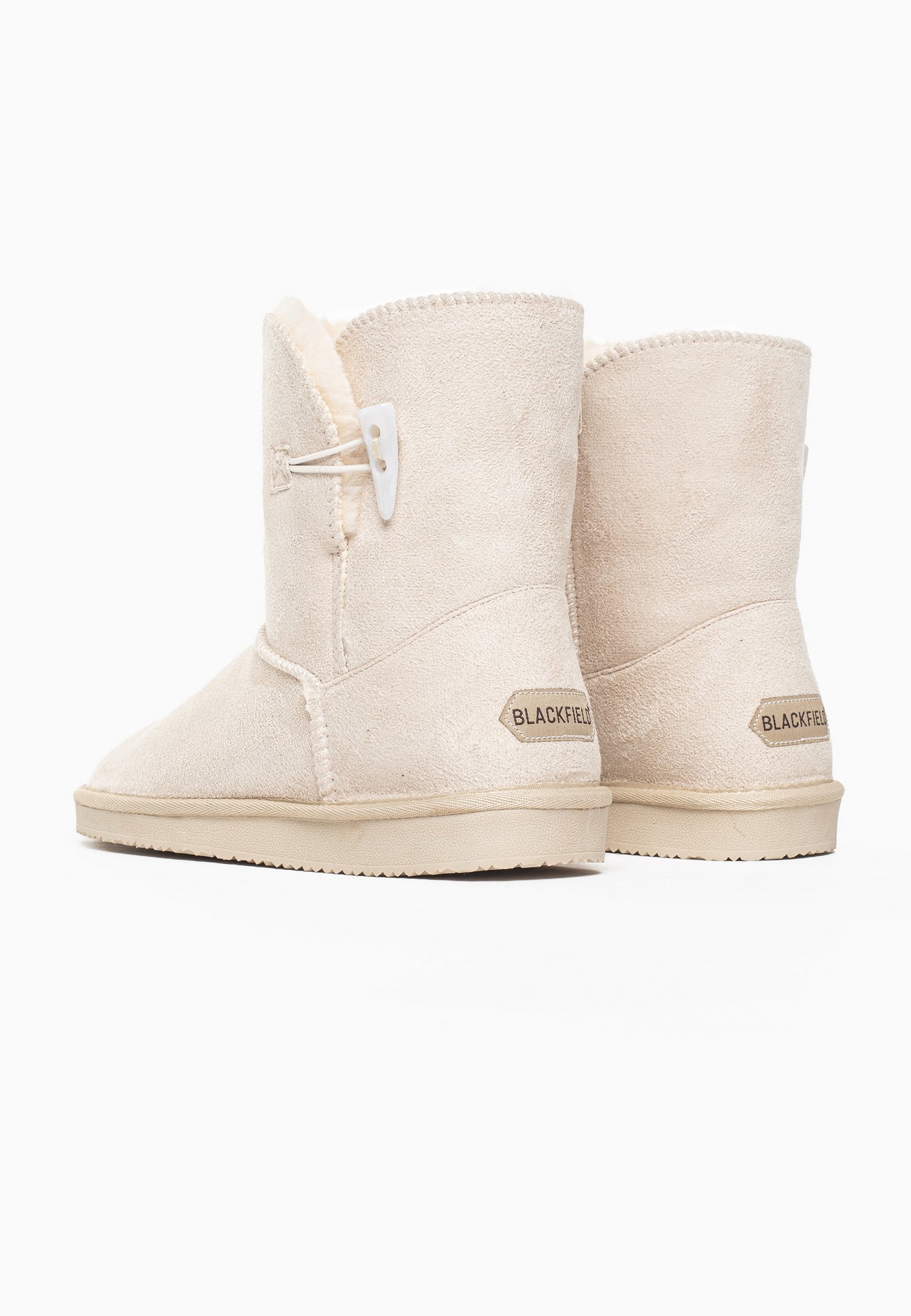 Paire de bottines fourrées Anais naturel vues de dos, étiquettes Blackfield beiges