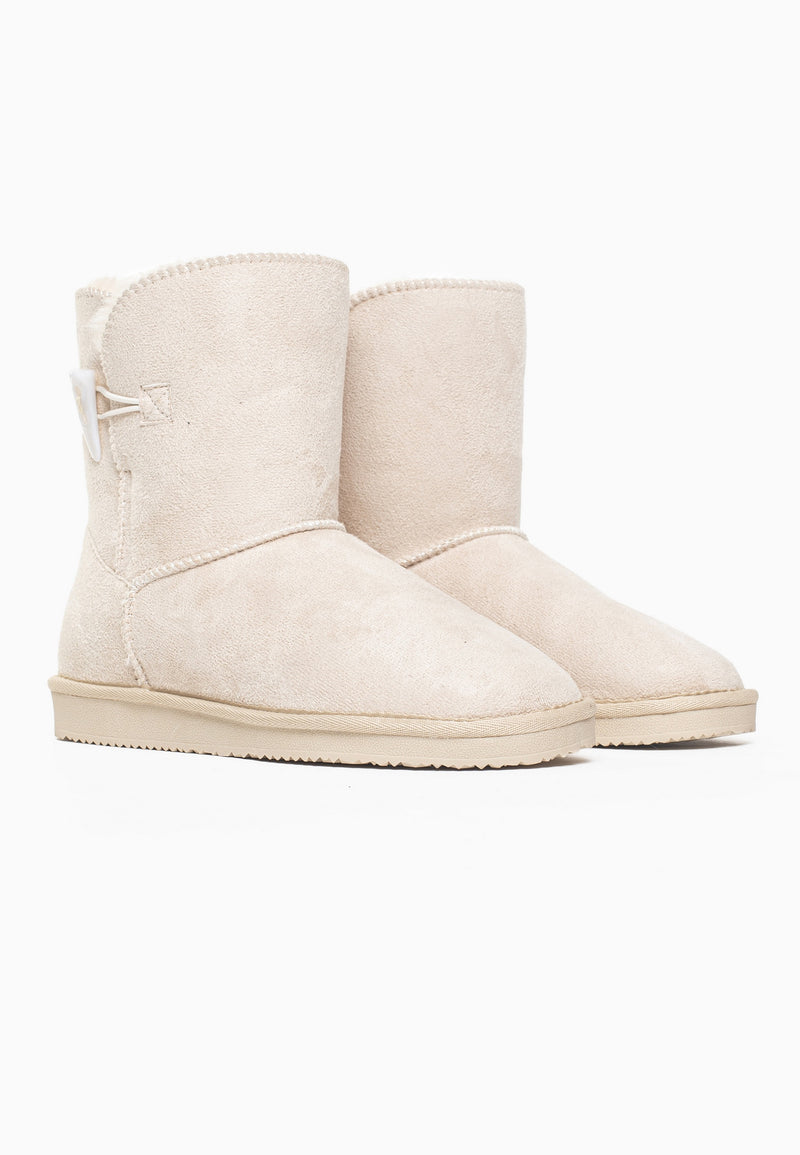 Paire de bottines fourrées Anais naturel de trois-quarts, bouton bûchette ivoire