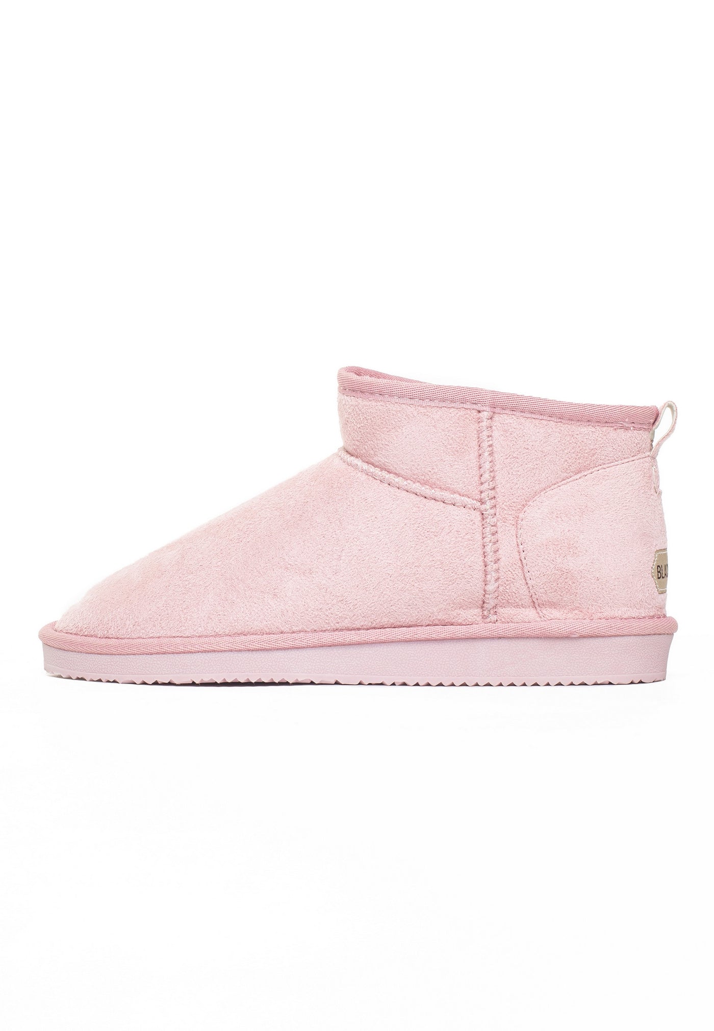 Bottine fourrée Mini Milli rose de profil, couture verticale et tirette plate au talon
