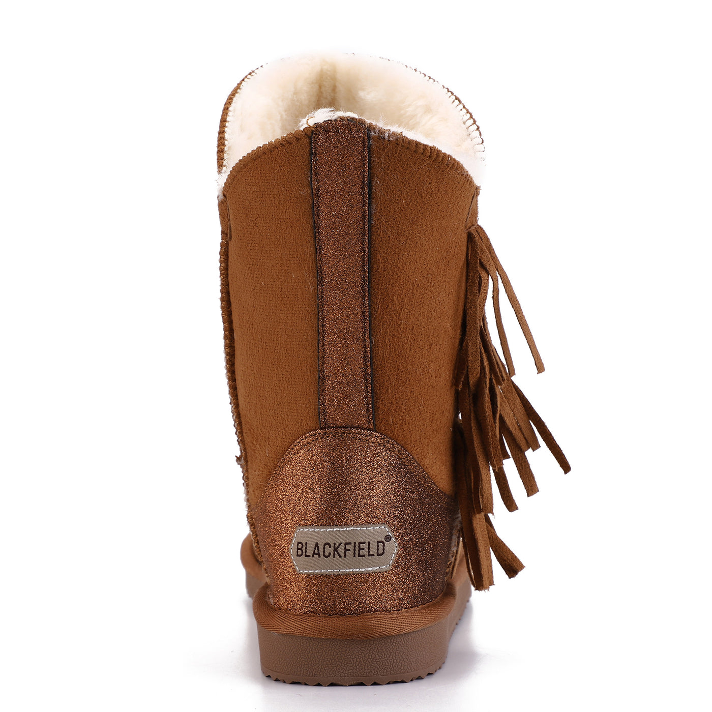 Vue de dos d'une bottine fourrée Cardero camel, logo Blackfield sur le contrefort pailleté