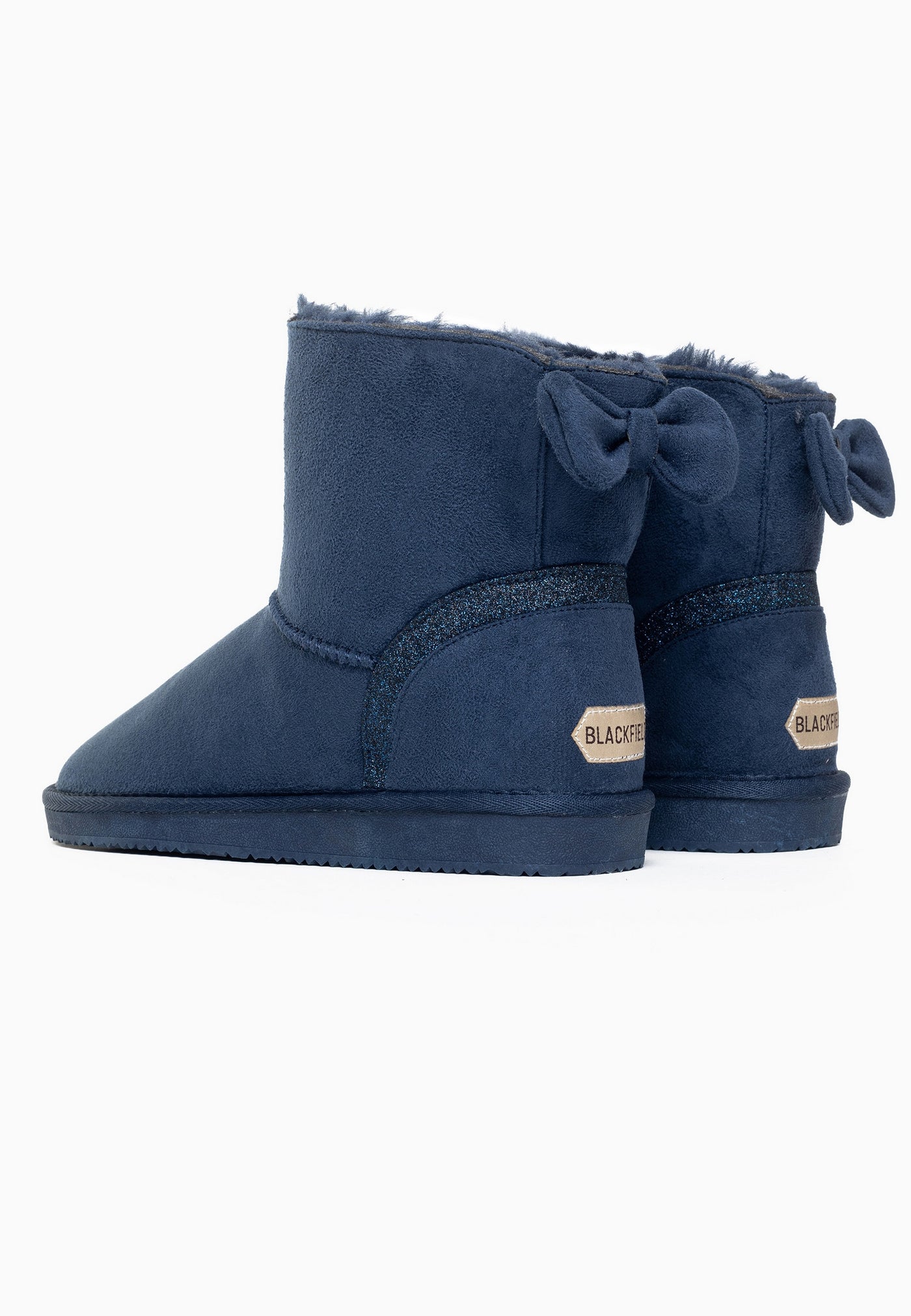 Bottines fourrées Champlain marine vues de dos, deux nœuds et étiquettes dorées