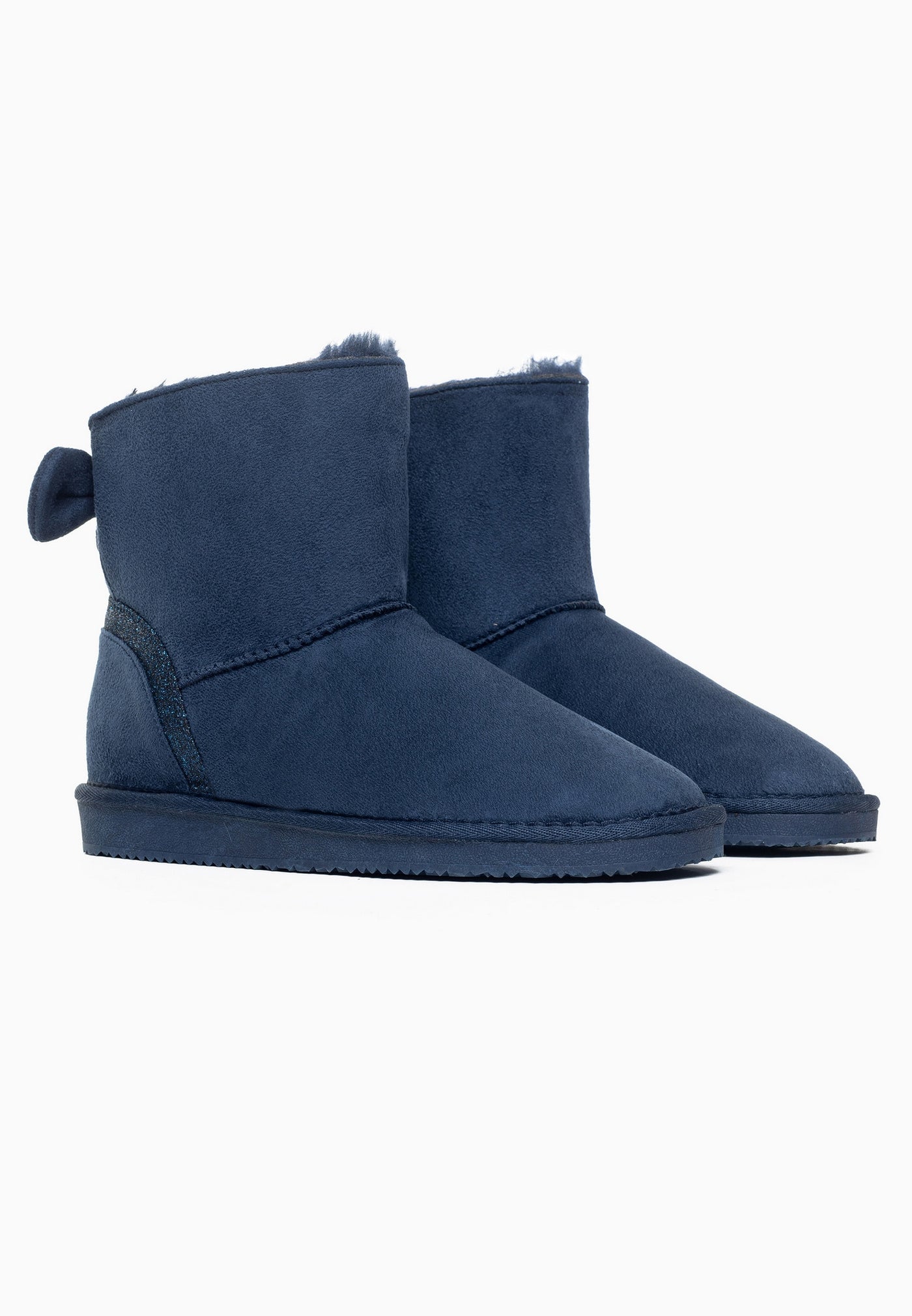 Paire de bottines fourrées Champlain marine de trois-quarts, nœud visible derrière