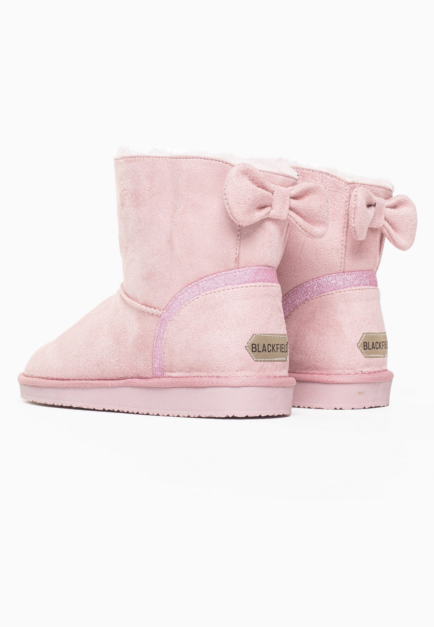 Paire de bottines fourrées Champlain roses vue de dos, nœuds et étiquettes dorées