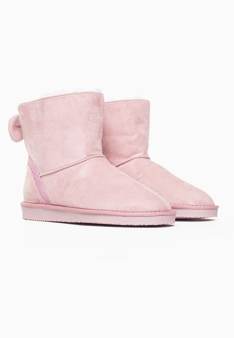 Paire de bottines fourrées Champlain roses de trois-quarts, galon pailleté sur le côté