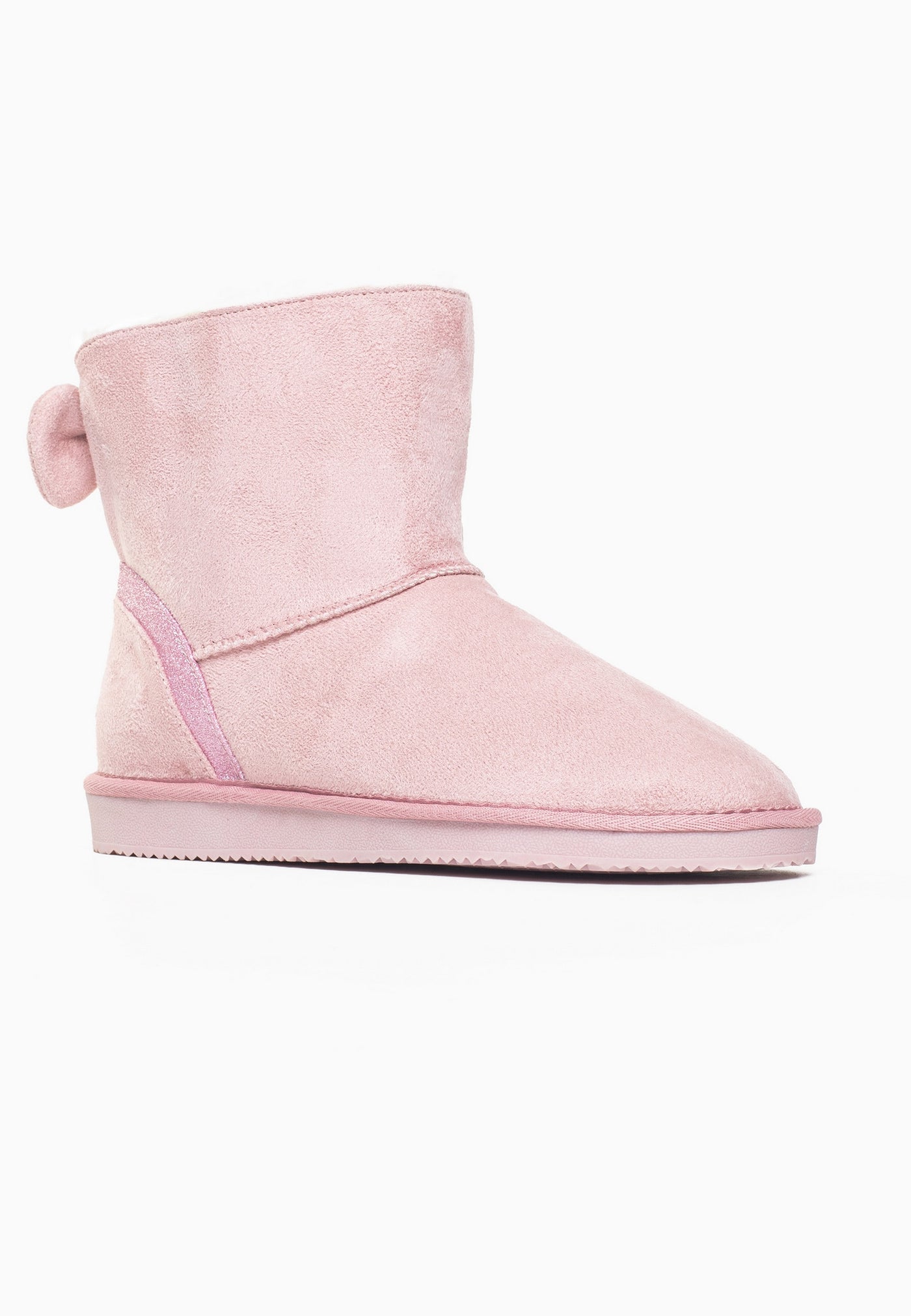 Bottine fourrée Champlain rose de trois-quarts arrière, nœud de microfibre au talon