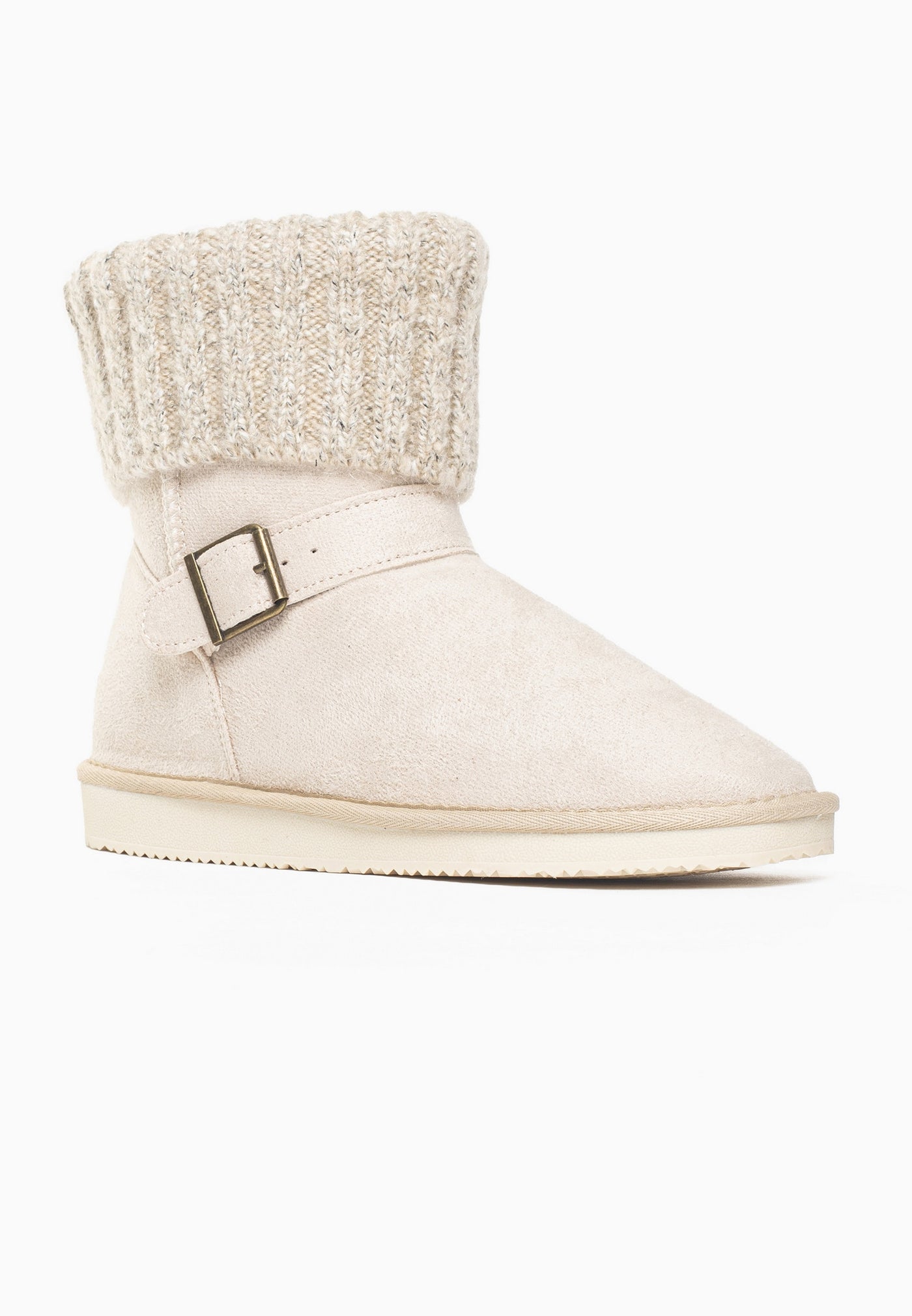 Bottine fourrée Kylie naturel de trois-quarts arrière, boucle carrée et semelle crème