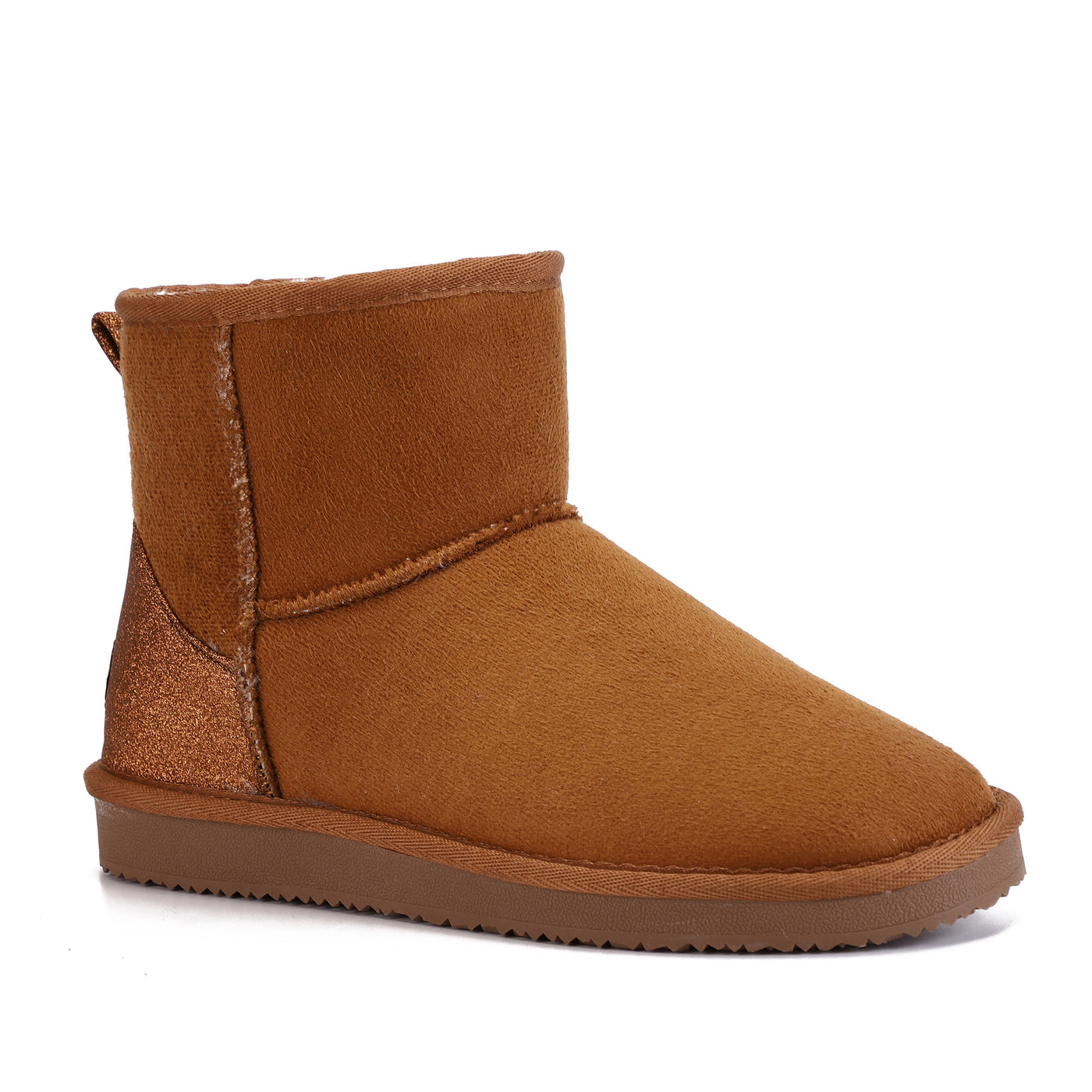 Bottine fourrée Casablanca camel de profil, contrefort pailleté bronze et microfibre mate