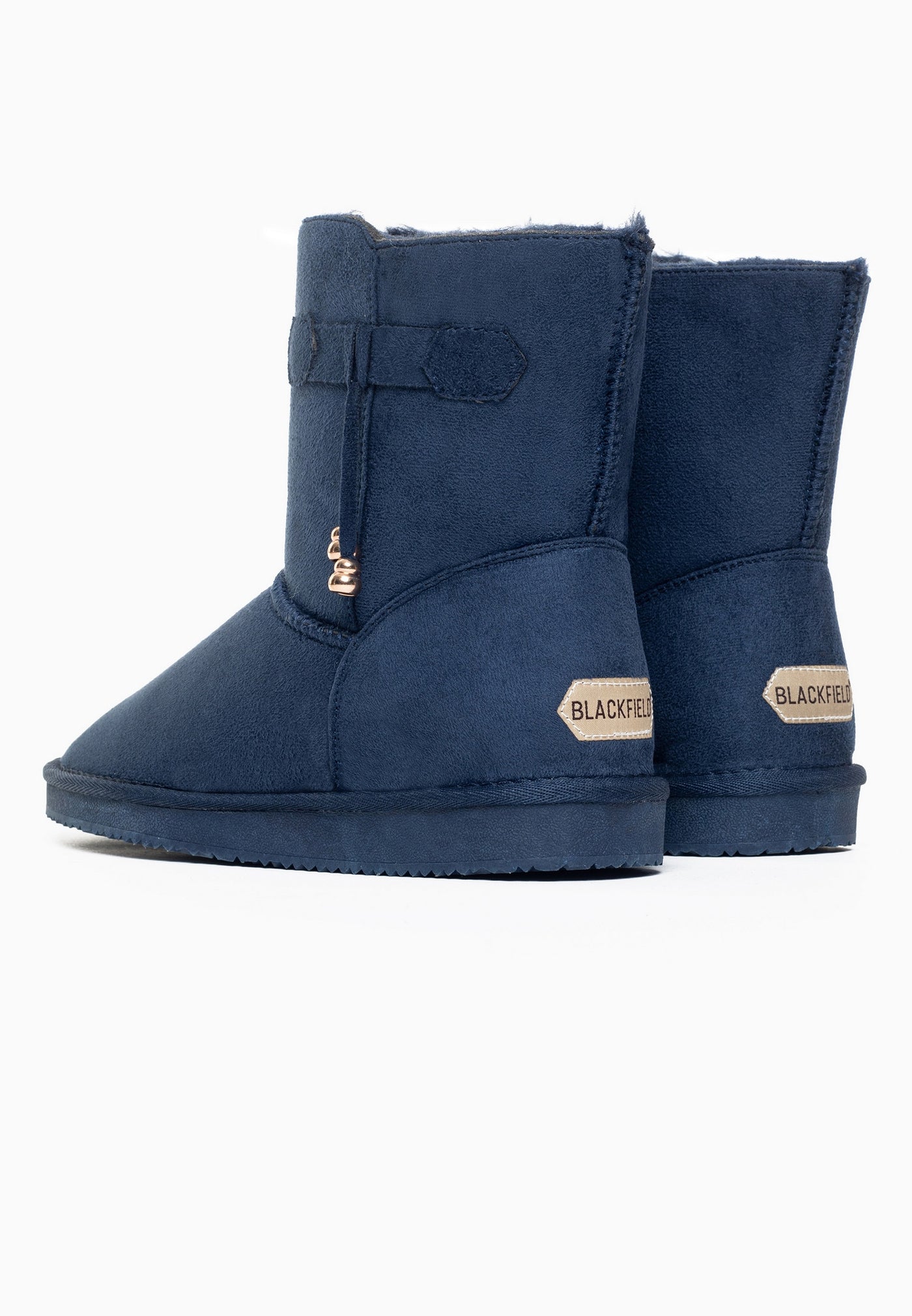 Paire de bottines fourrées Opinaca marine de dos, étiquettes Blackfield aux deux talons